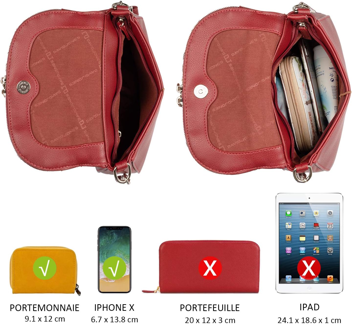 Thumbnail 6 de David Jones petite besace femme en PU rouge à rabat et chaînes