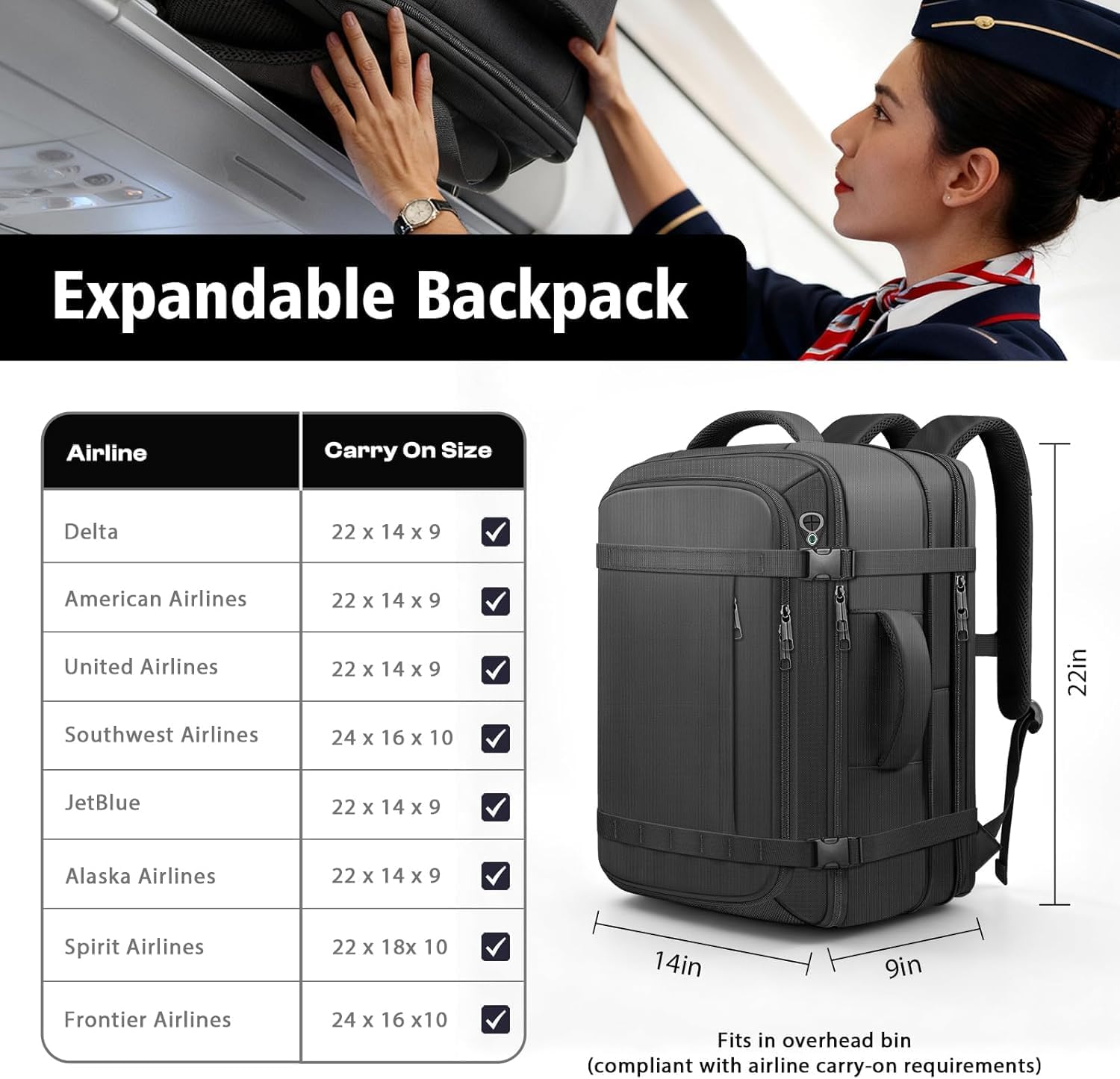 Detalle de HULVION Roomy Carry On Backpack with Expandable Large Capacity, USB Cable Port & Lifetime Warranty (Fits 18.4" Laptop) – Black
