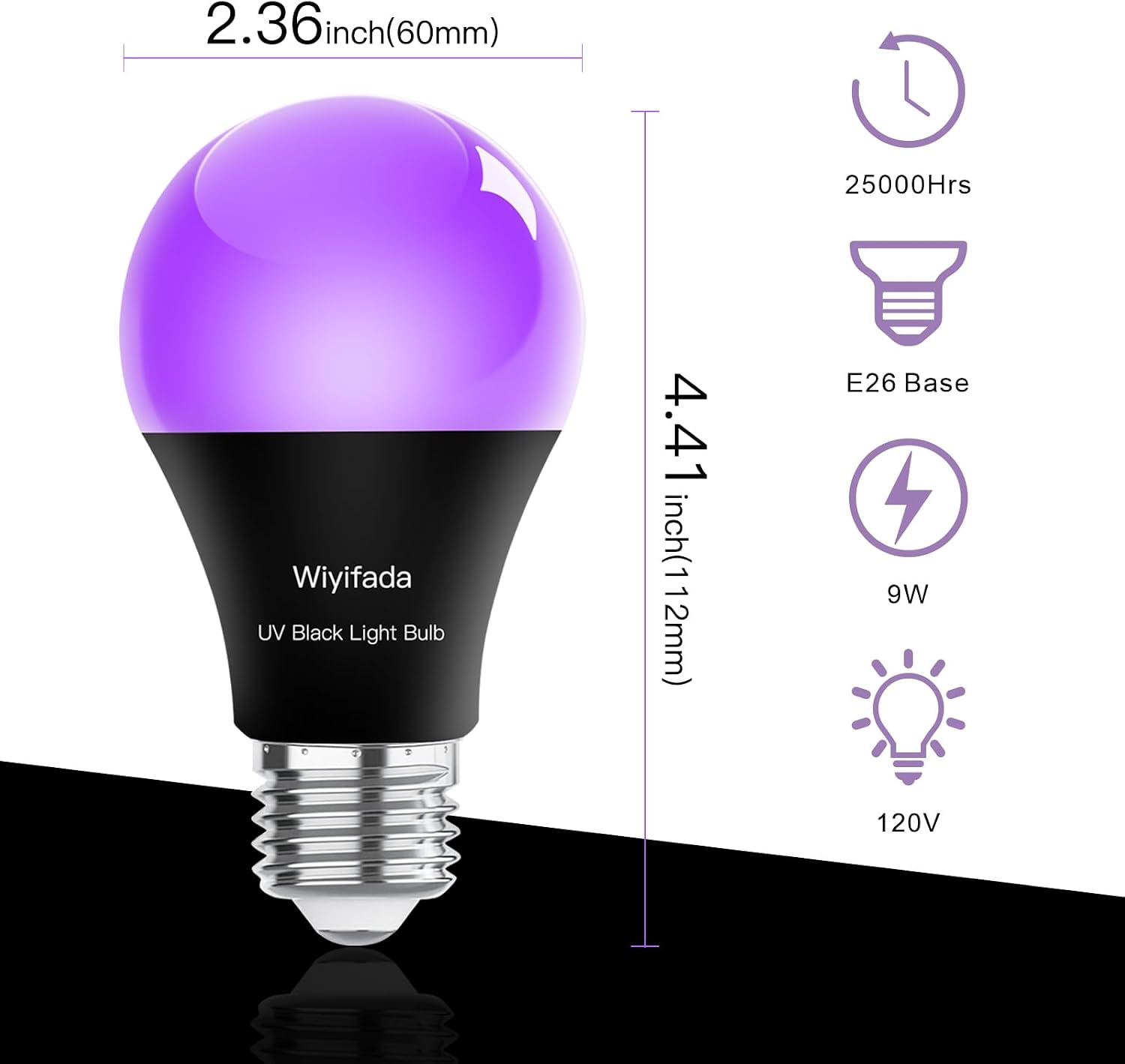 Thumbnail 6 de Wiyifada A19 LED Black Light Bulbs, Dimmable 9W, 385–400nm UVA, 2-Pack