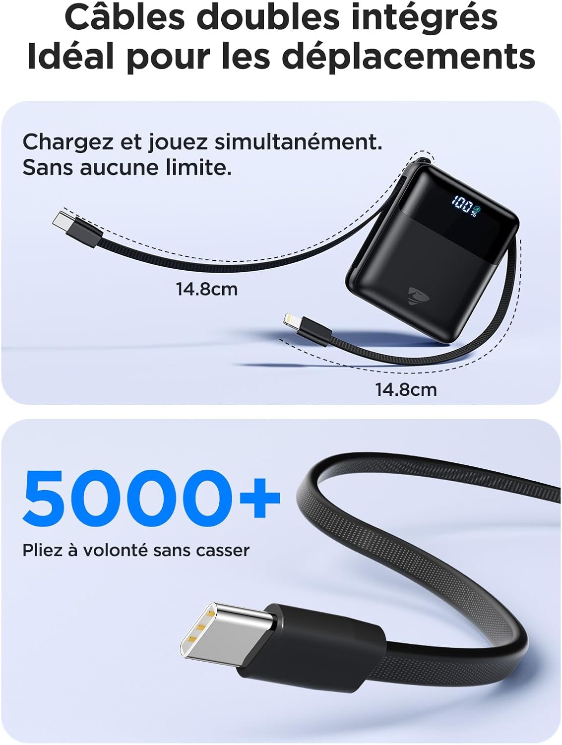 Thumbnail 5 de Batterie Externe Aioneus 10000 mAh avec 2 câbles intégrés – Charge rapide PD 20–22,5 W