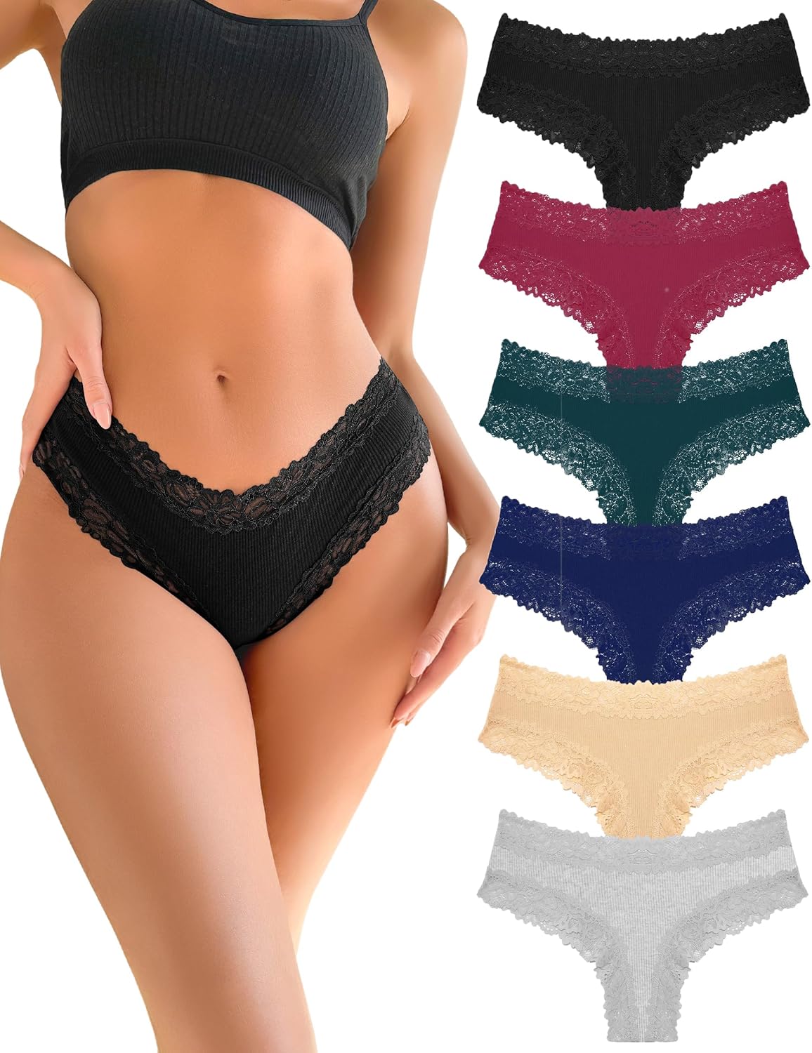 Thumbnail 4 de FINETOO Damen Brazilian-Slip Unterhosen aus Baumwolle mit Spitze – Mehrpack (6)