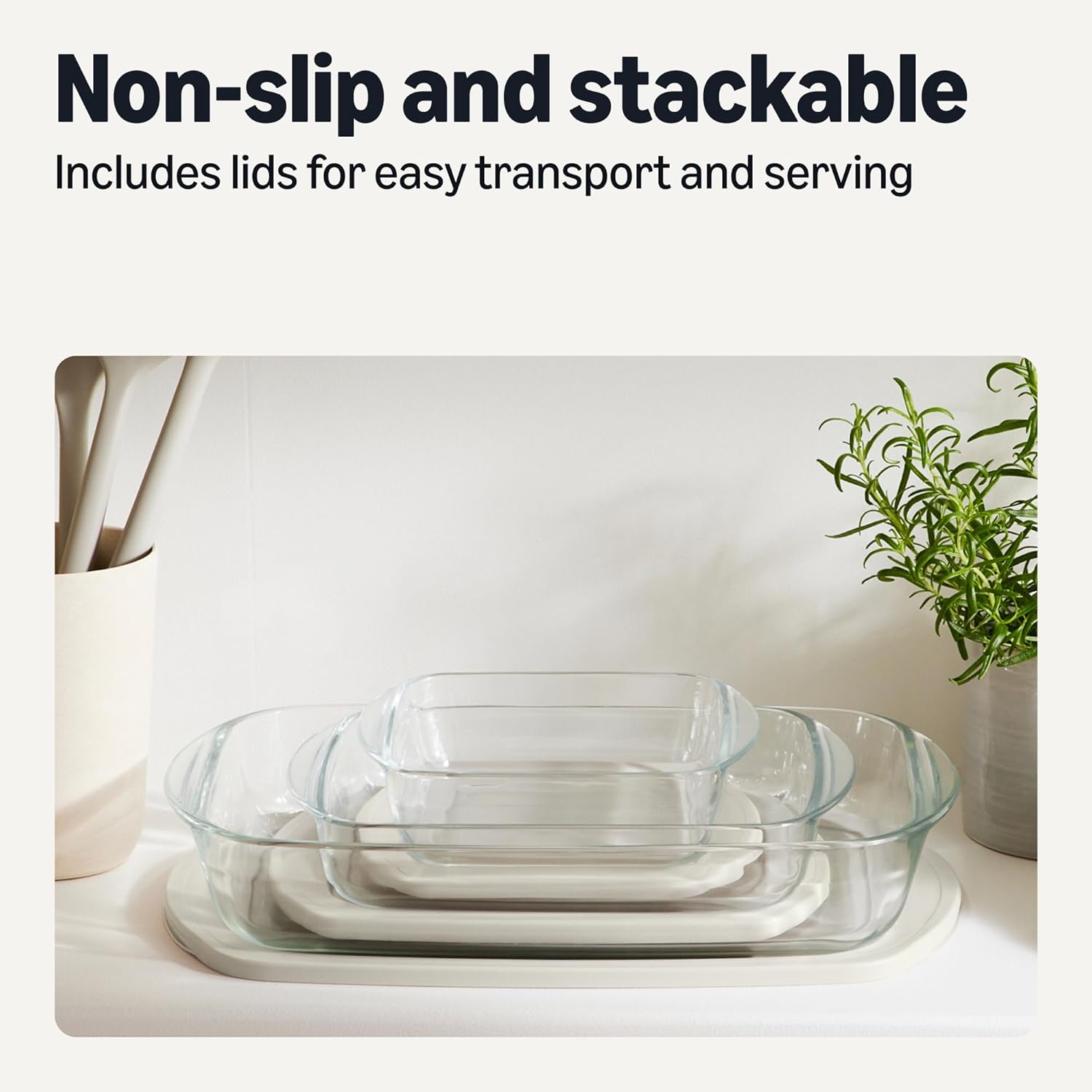 Detalle 2 de Amazon Basics Glass Baking Dishes with BPA-Free Lids, 6-Piece Set (Borosilicate Glass, Linen Gray)