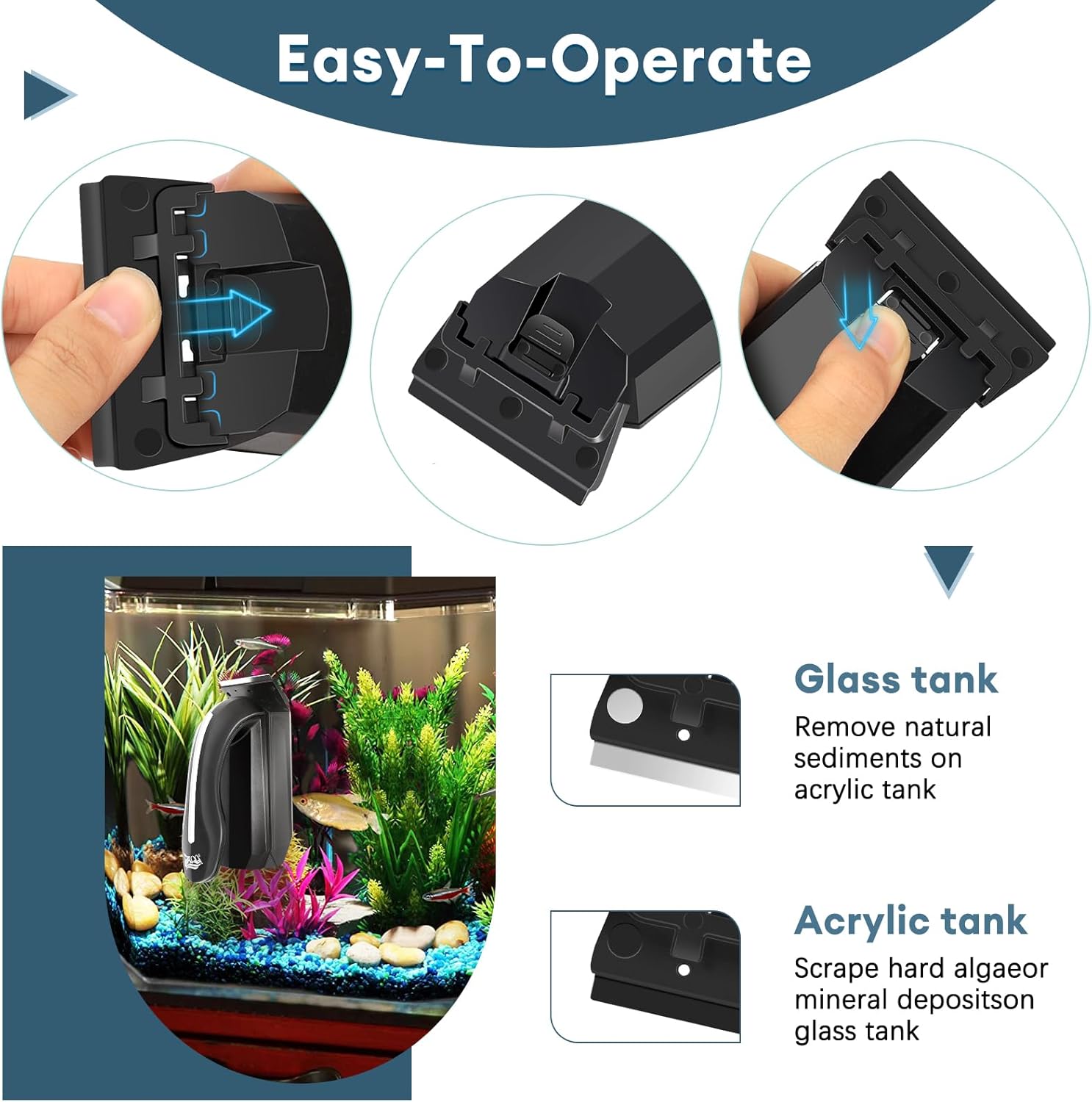 Detalle 2 de AQQA Magnetic Fish Tank Cleaner with 2 Detachable Scrapers for Glass & Acrylic