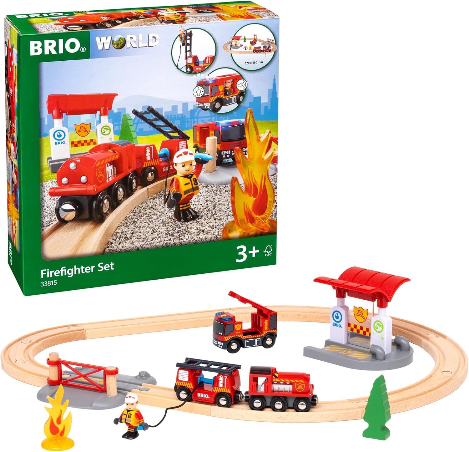 Detalle de BRIO World Rescue Firefighter Set – drewniana kolejka strażacka ze światłem i syreną