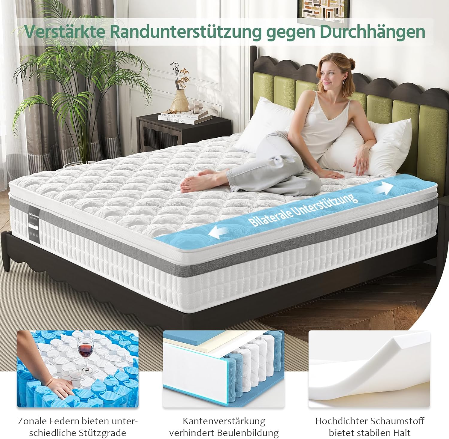Detalle 2 de SZsuilong Matratze 90x200 cm – 7-Zonen Federkern, H3/H4, 28 cm Höhe, Orthopädisch, Komfort-Memory-Schaum