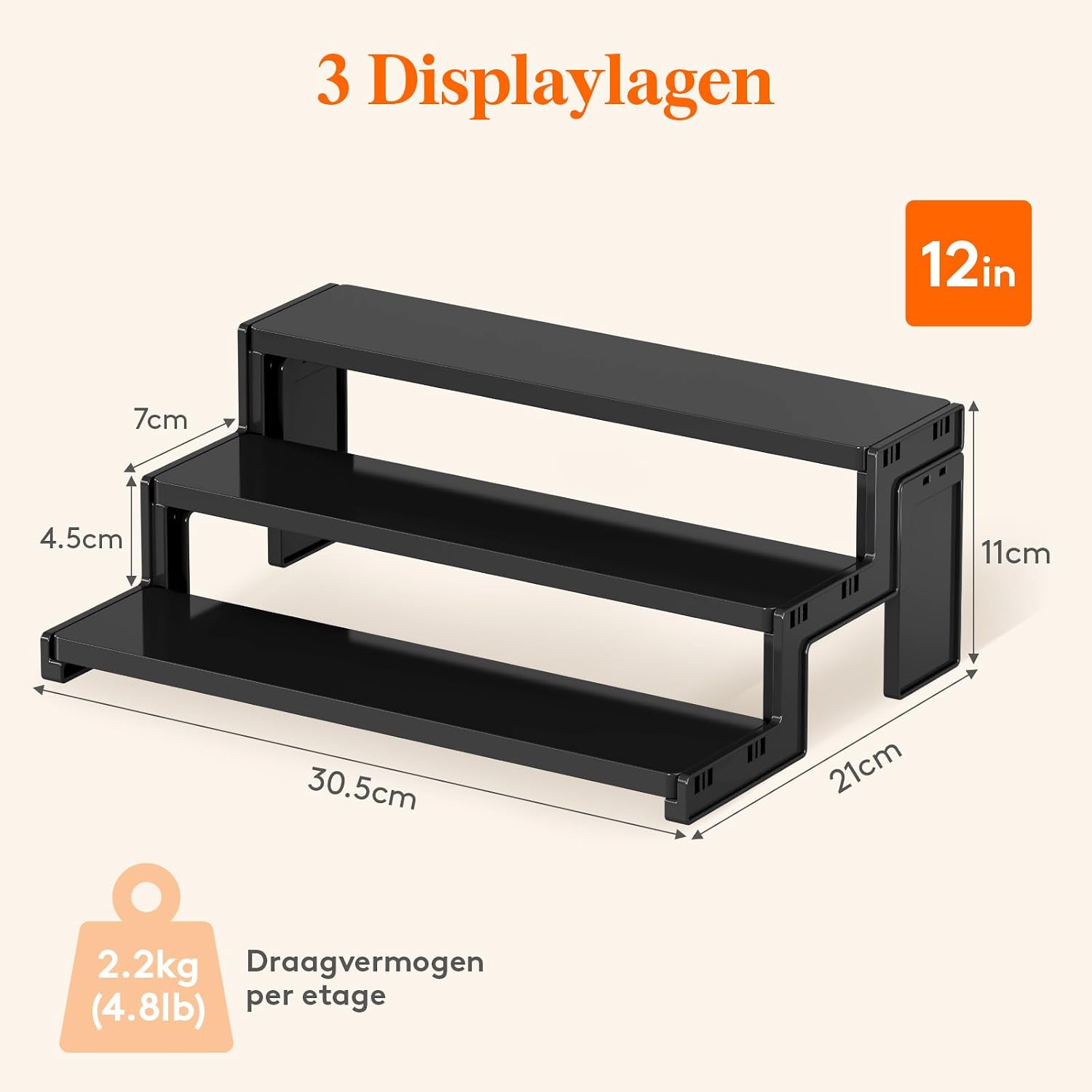 Detalle de Lifewit 25105 displaystandaard, 3 niveaus, zwart, 30,5 cm
