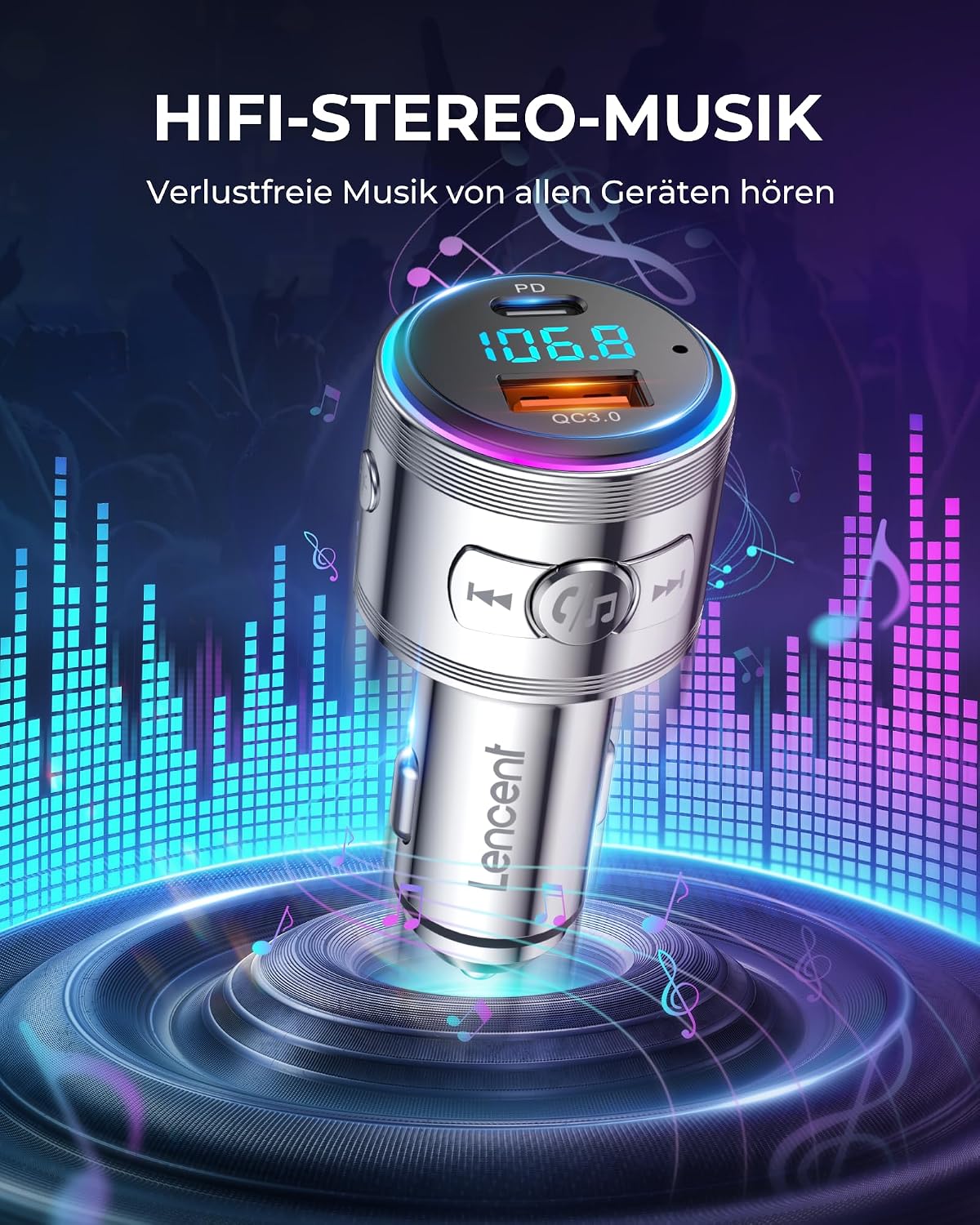 Thumbnail 1 de LENCENT Bluetooth FM Transmitter 48W Zigarettenanzünder