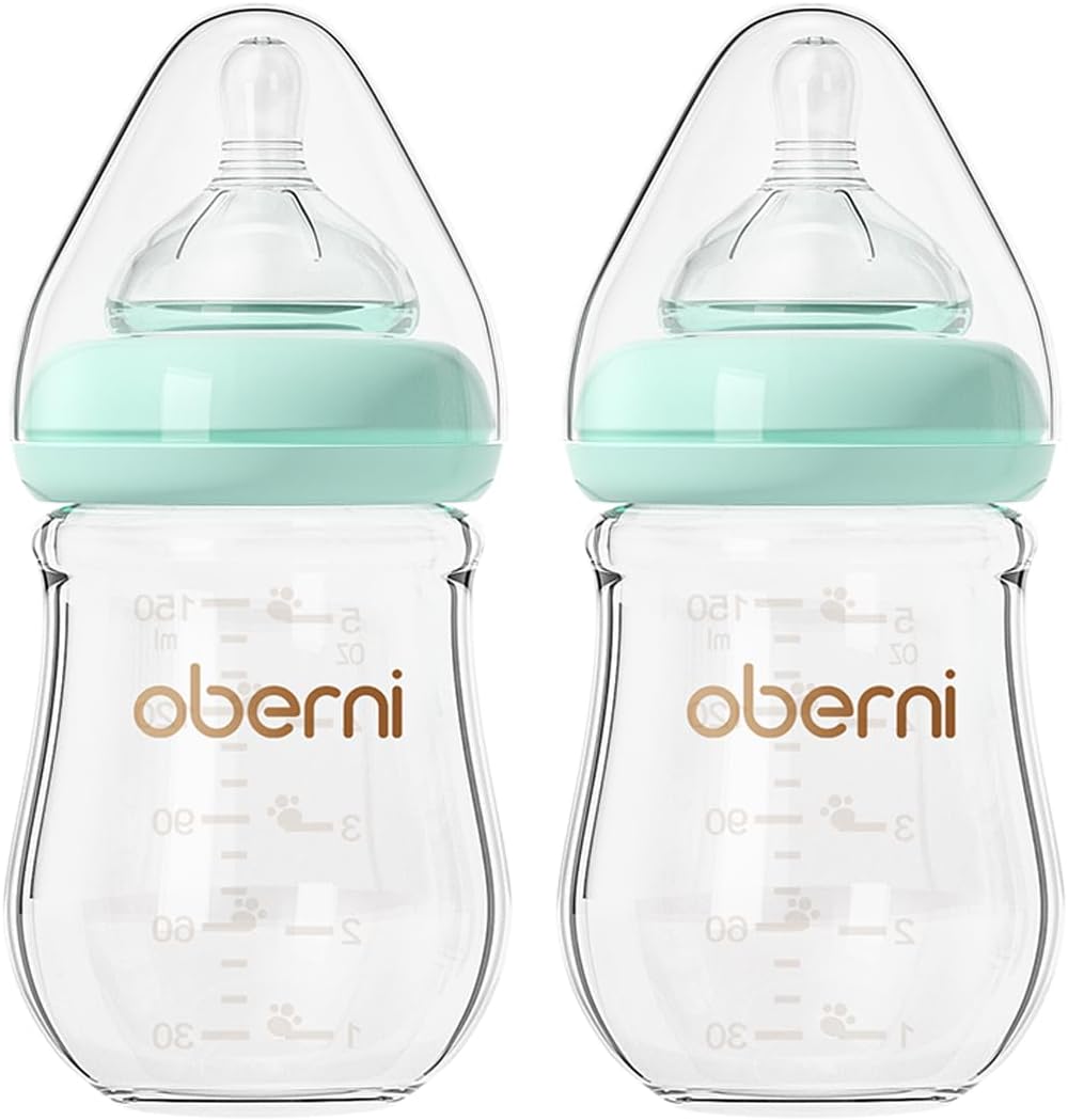 Detalle de Oberni Anti-Colic Glass Baby Bottles with Slow Flow Teat – 150ml, Wide-Neck (2-Pack), Blue