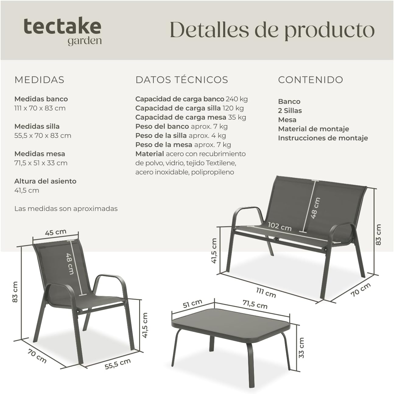 Thumbnail 5 de tectake Conjunto Jardin Exterior 4 Personas Antracita