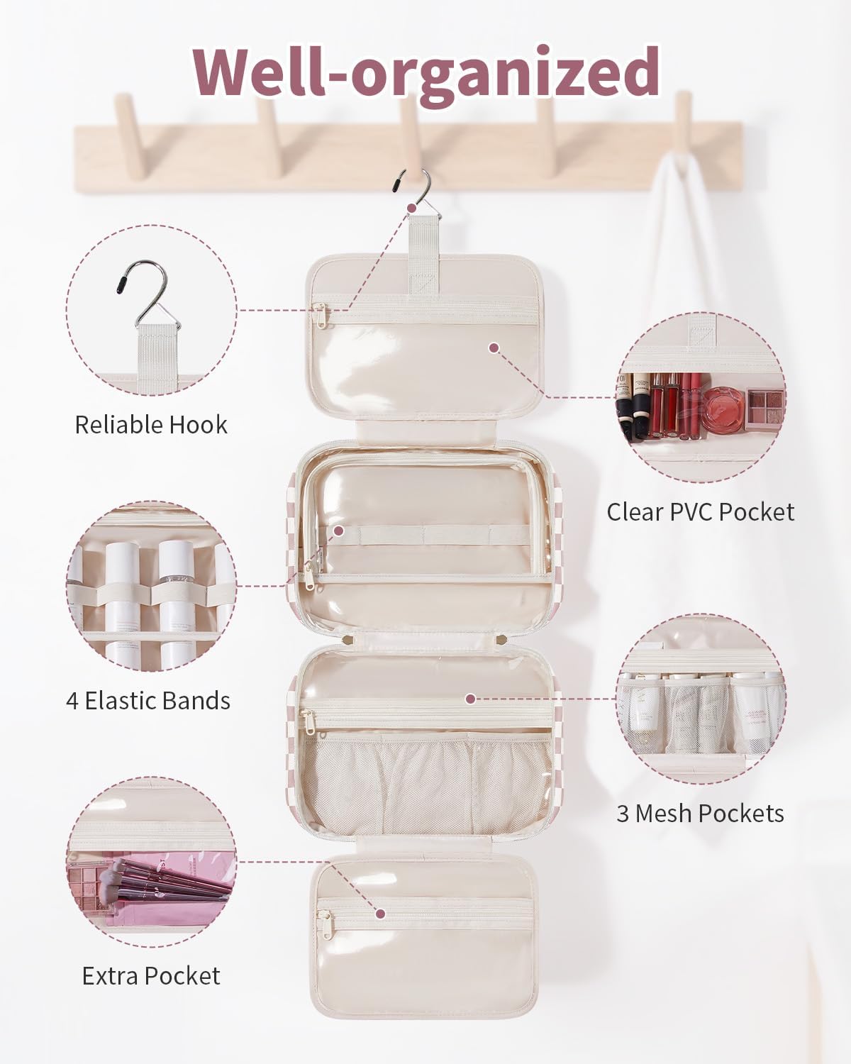 Detalle 2 de Narwey Large Hanging Toiletry Bag (Dusty Pink Checkerboard) – organised travel wash bag with hook and compartments