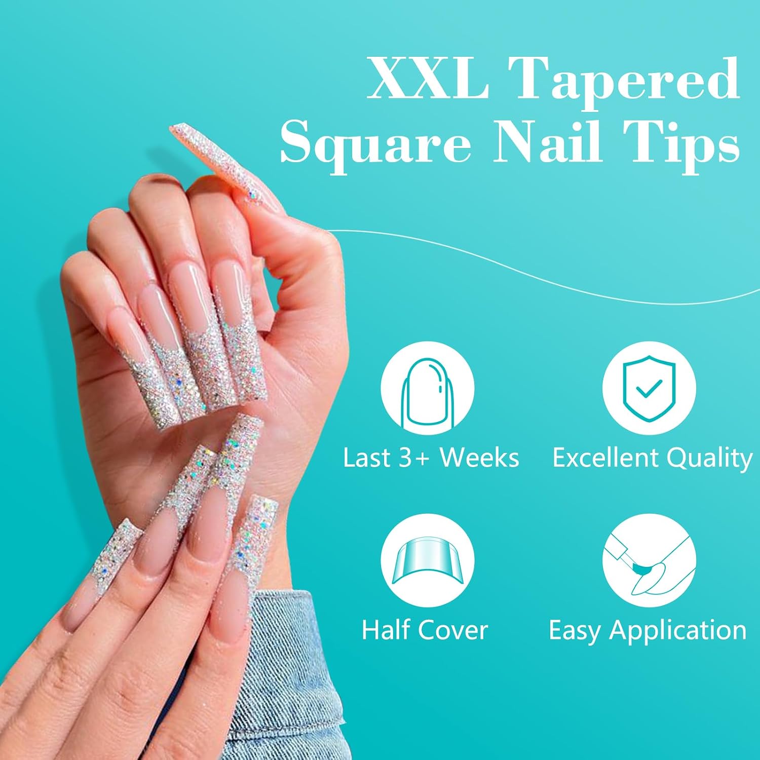 Detalle de LIONVISON JIO027 XXL Square Nail Tips, Clear Half-Cover, No-C-Curve, 12 Sizes
