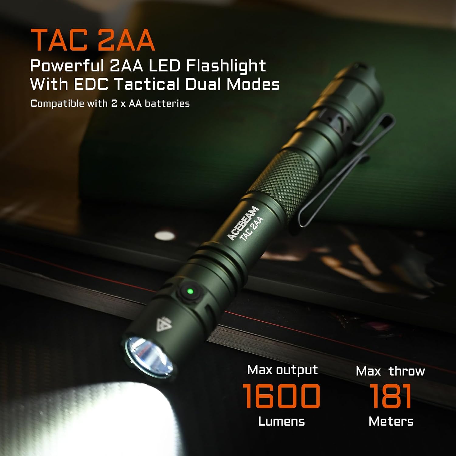 Detalle 2 de ACEBEAM TAC 2AA-OD Green-6500K 1600 Lumens デュアルモードLED懐中電灯