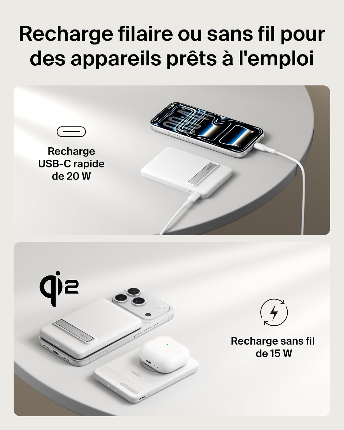 Detalle de Belkin BoostCharge Batterie Externe Qi2 15 W – Chargeur Portable Magnétique 5 000 mAh