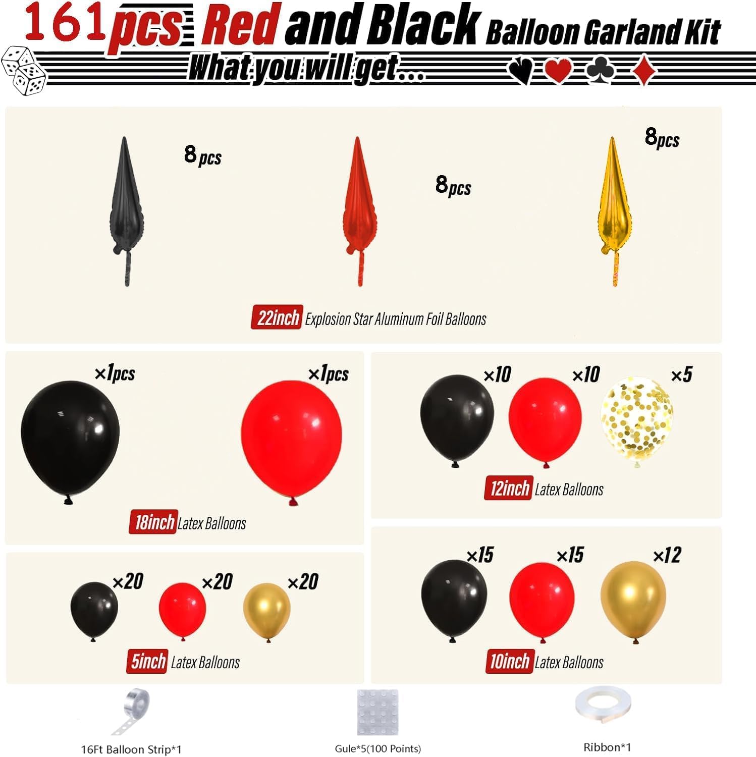 Thumbnail 1 de 161Pcs Red Black Gold Balloon Garland Arch Kit with Explosion Star Foil Balloons for Graduation Anniversary Birthday Party Decorations