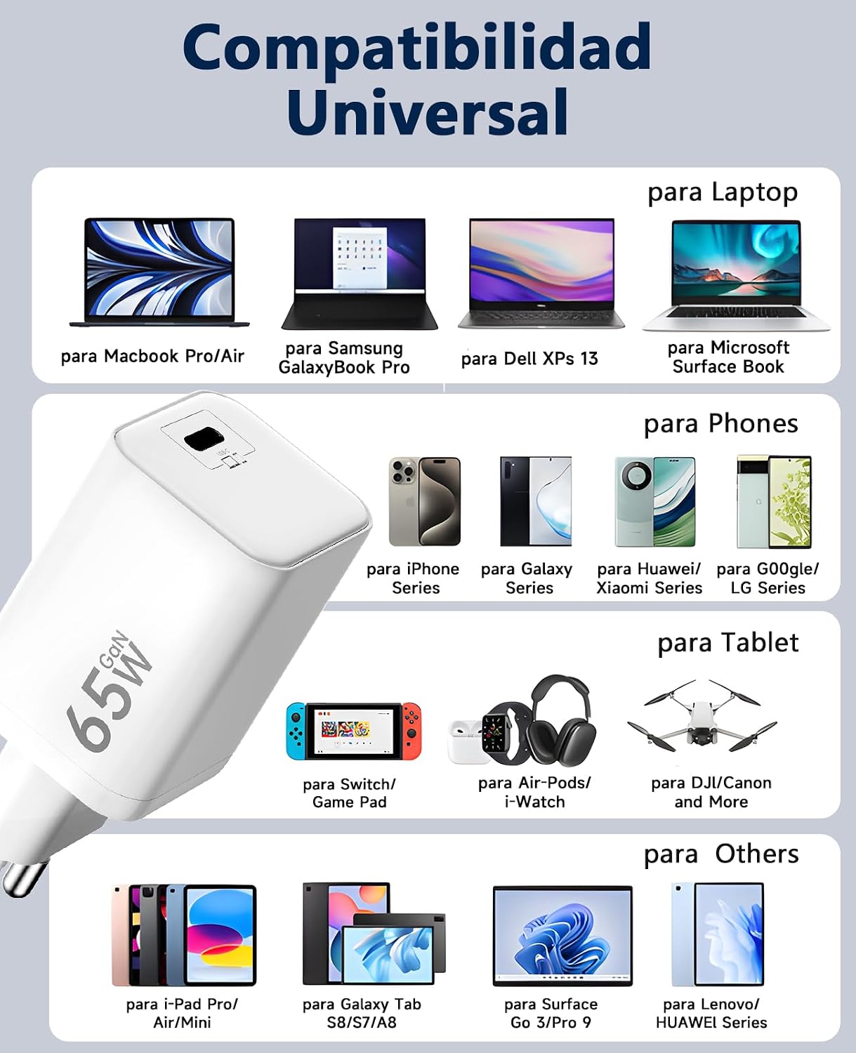 Thumbnail 6 de HYDOOD Cargador USB C 65W con cable 2 m GAN II: carga rápida PD3.0 PPS para MacBook, iPhone y Galaxy