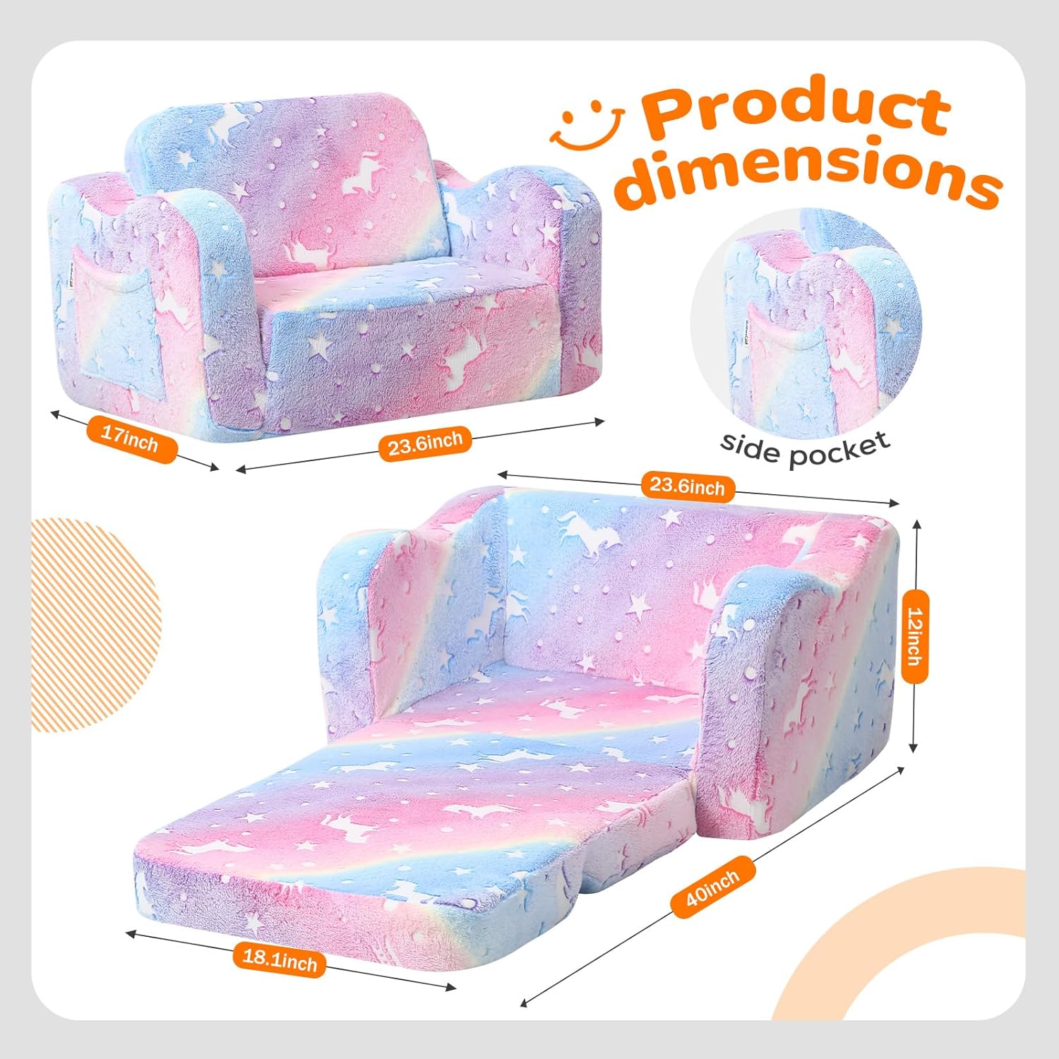 Detalle de MeMoreCool Glowing Rainbow Unicorn Kids Chair (Convertible 2-in-1 Fold-Out Kids Couch)