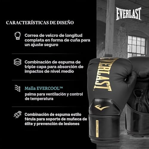Detalle de Everlast Elite 2 14 oz Guantes de Boxeo (Negro/Oro) para Mujer y Hombre