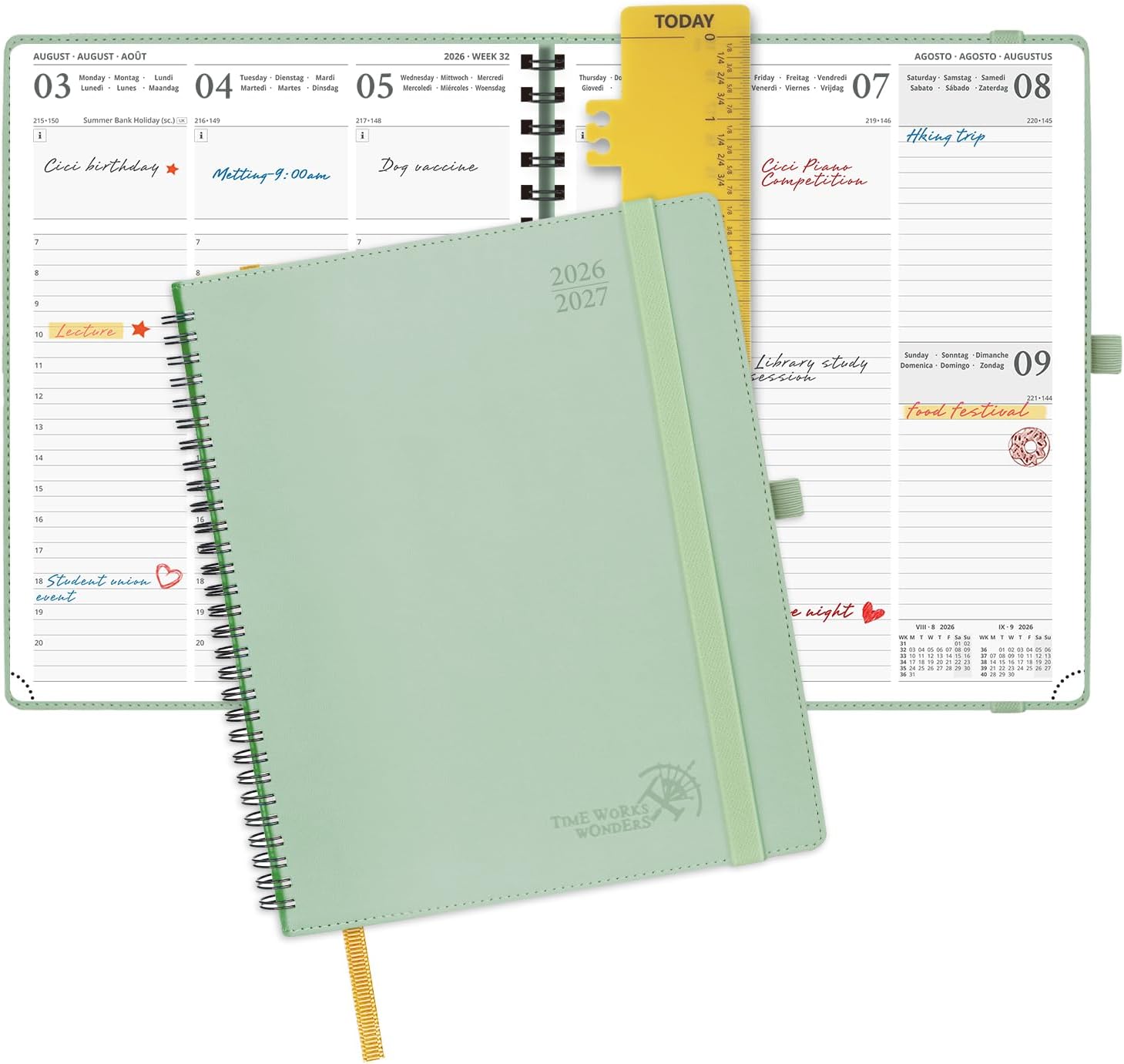 Detalle de POPRUN Academic Diary 2026-2027 Week to View Large (Celadon Green) – 26.5 x 21.5 cm, 17 Months, Soft Cover Spiral