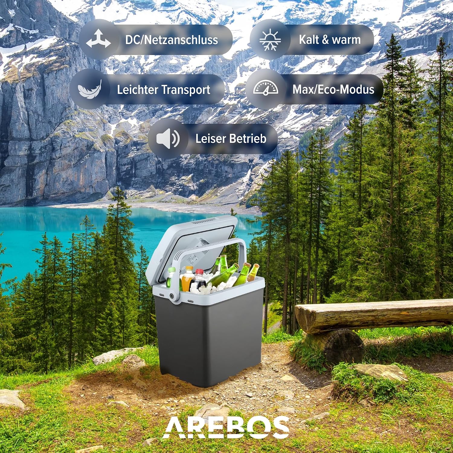 Detalle de Arebos 25-Liter-Kühlbox (12/230 V) mit ECO-Modus – zum Kühlen und Warmhalten unterwegs