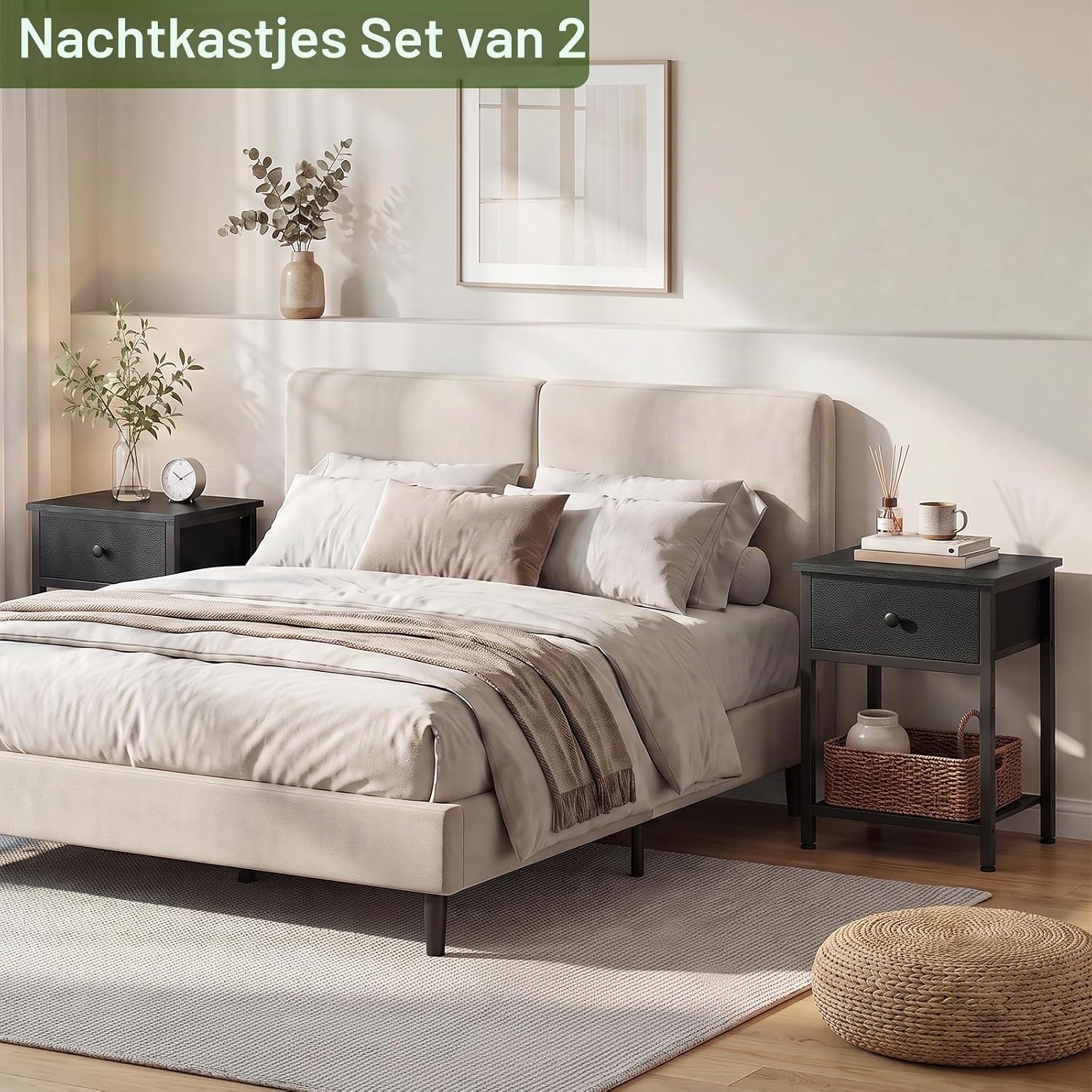 Detalle de AMHANCIBLE HET03SDBK nachtkastjes set van 2 met stoffen lade en opbergplank
