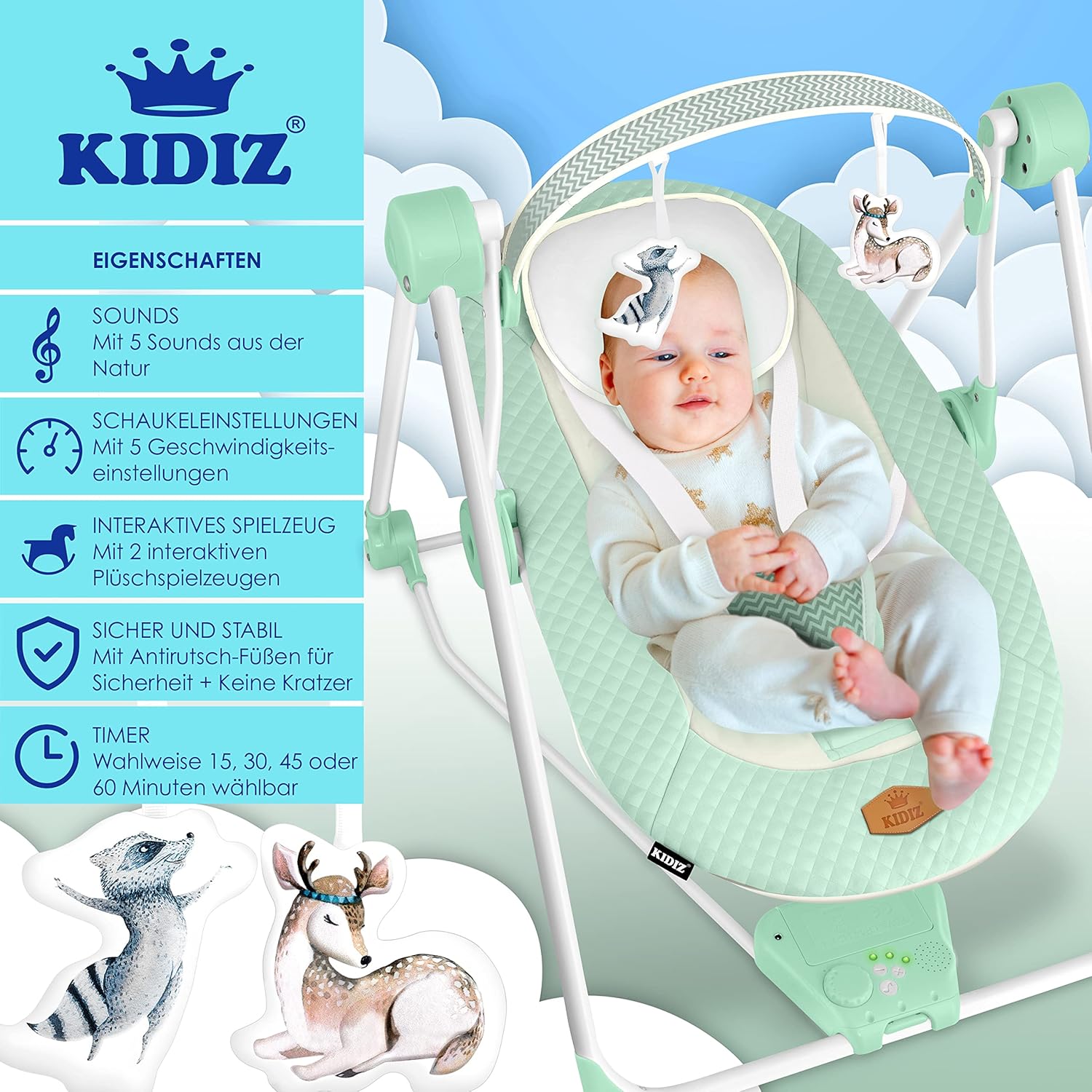 Thumbnail 1 de KIDIZ® Babywippe Babyschaukel mit 5 Geschwindigkeiten – faltbar, inkl. Spielbogen und Sound