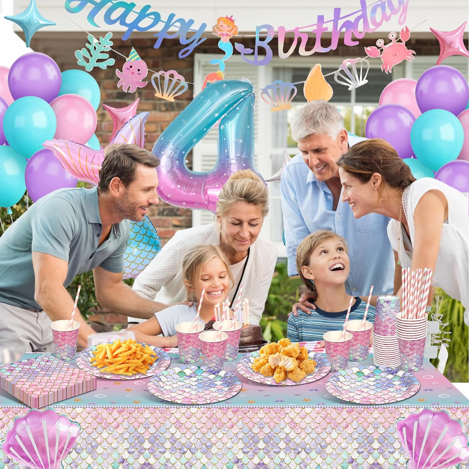 Detalle de Meerjungfrau Partygeschirr Set zum 4. Geburtstag – Deko-Set für 16 Gäste mit Papptellern, Bechern & Luftballons