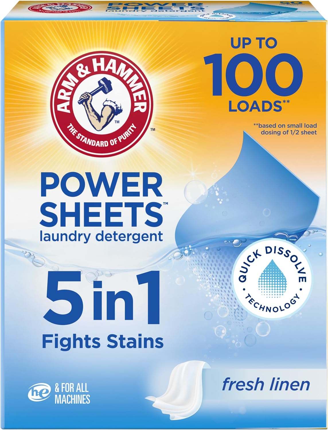 Detalle de ARM & HAMMER 033200976578 5-in-1 Laundry Detergent Sheets, Fresh Linen, 50 Count