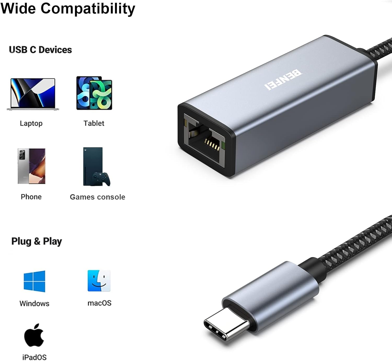 Thumbnail 3 de BENFEI USB-C to Ethernet Adapter 1Gbps 🌐