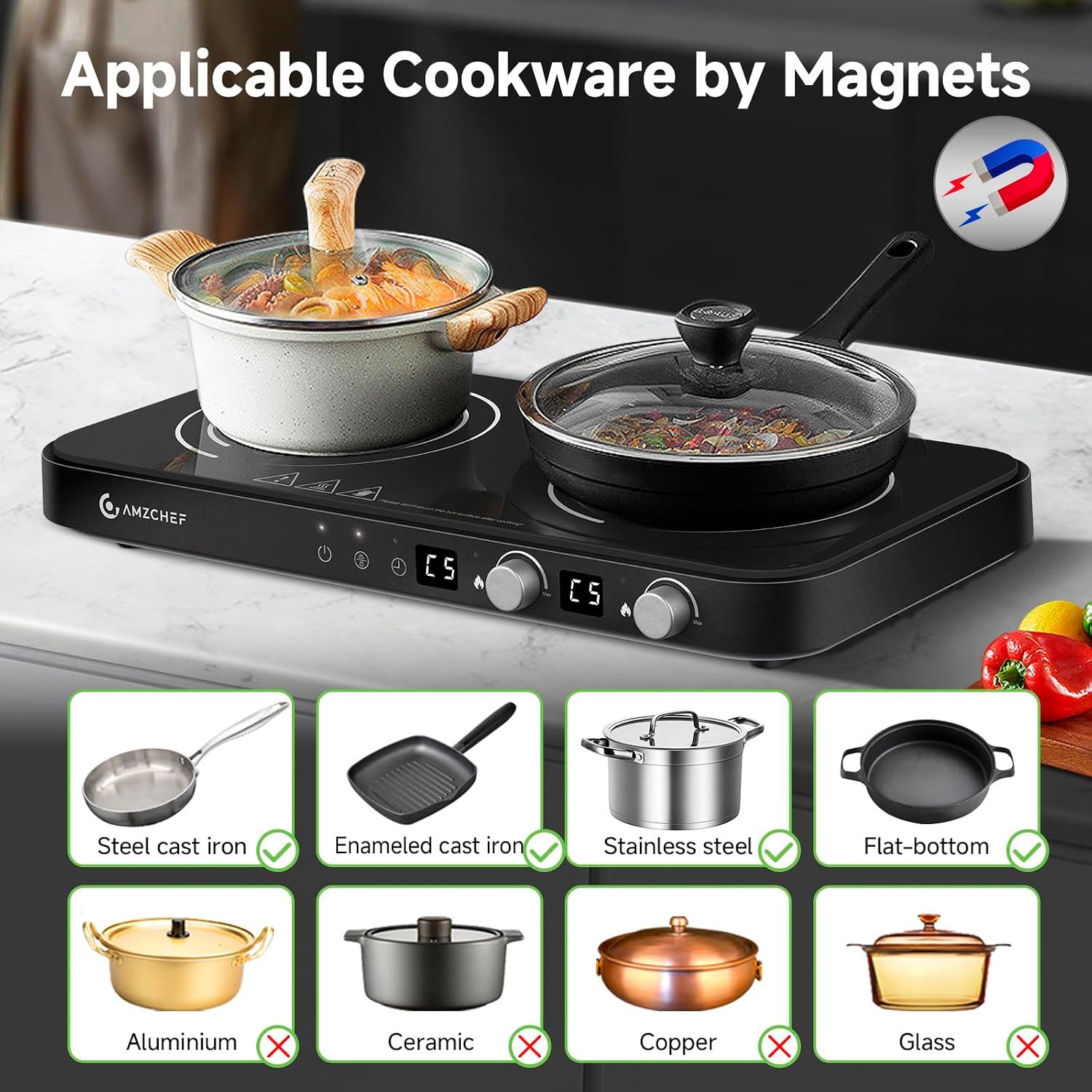 Detalle de AMZCHEF Double Induction Cooktop with Removable Griddle Pan – 2 Burners, 1800W, Sensor Touch & 9 Power Levels