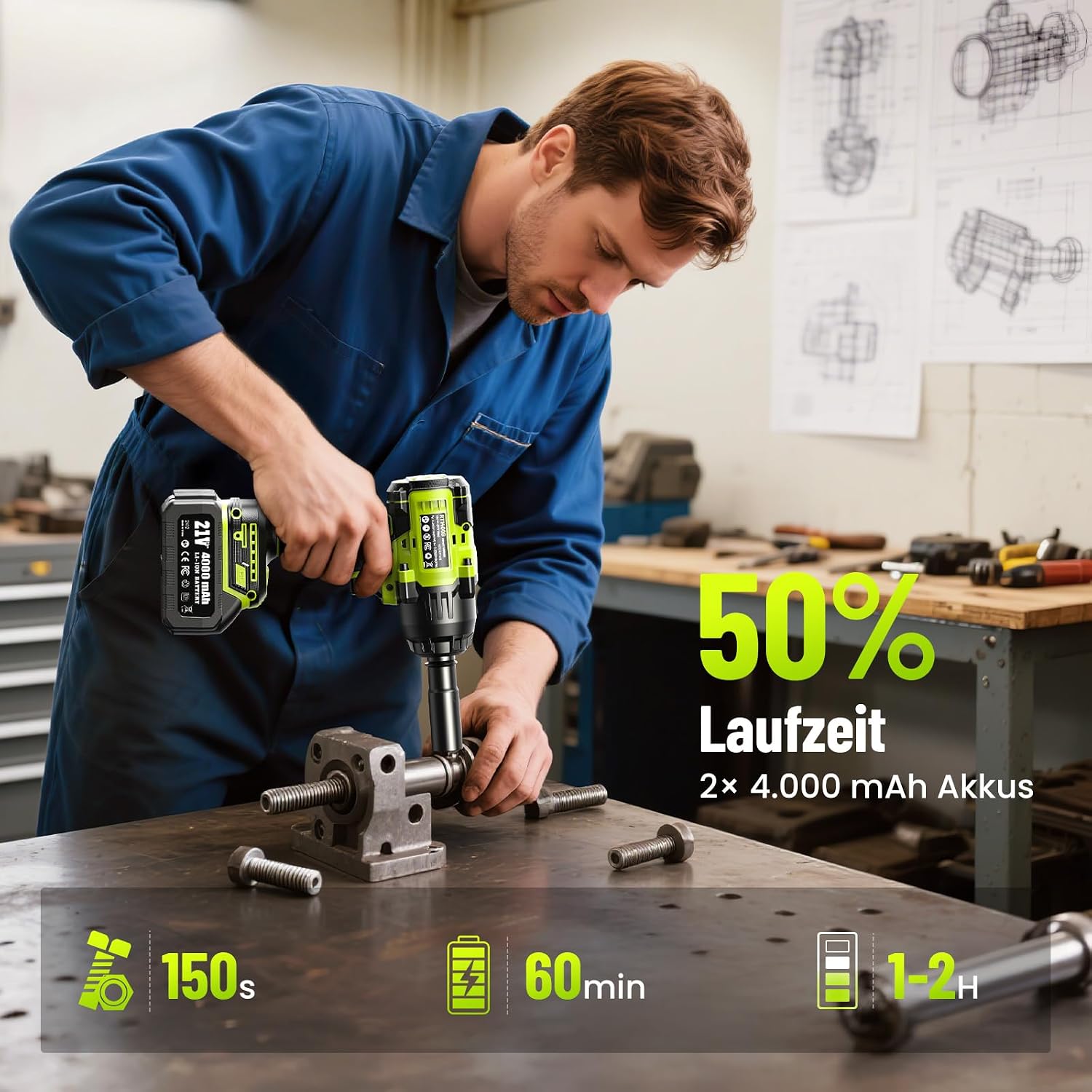 Detalle de Robustrue 1/2 Zoll Akku-Schlagschrauber mit bis zu 1600 N·m – 2×4,0 Ah, Schnellladegerät und Zubehör