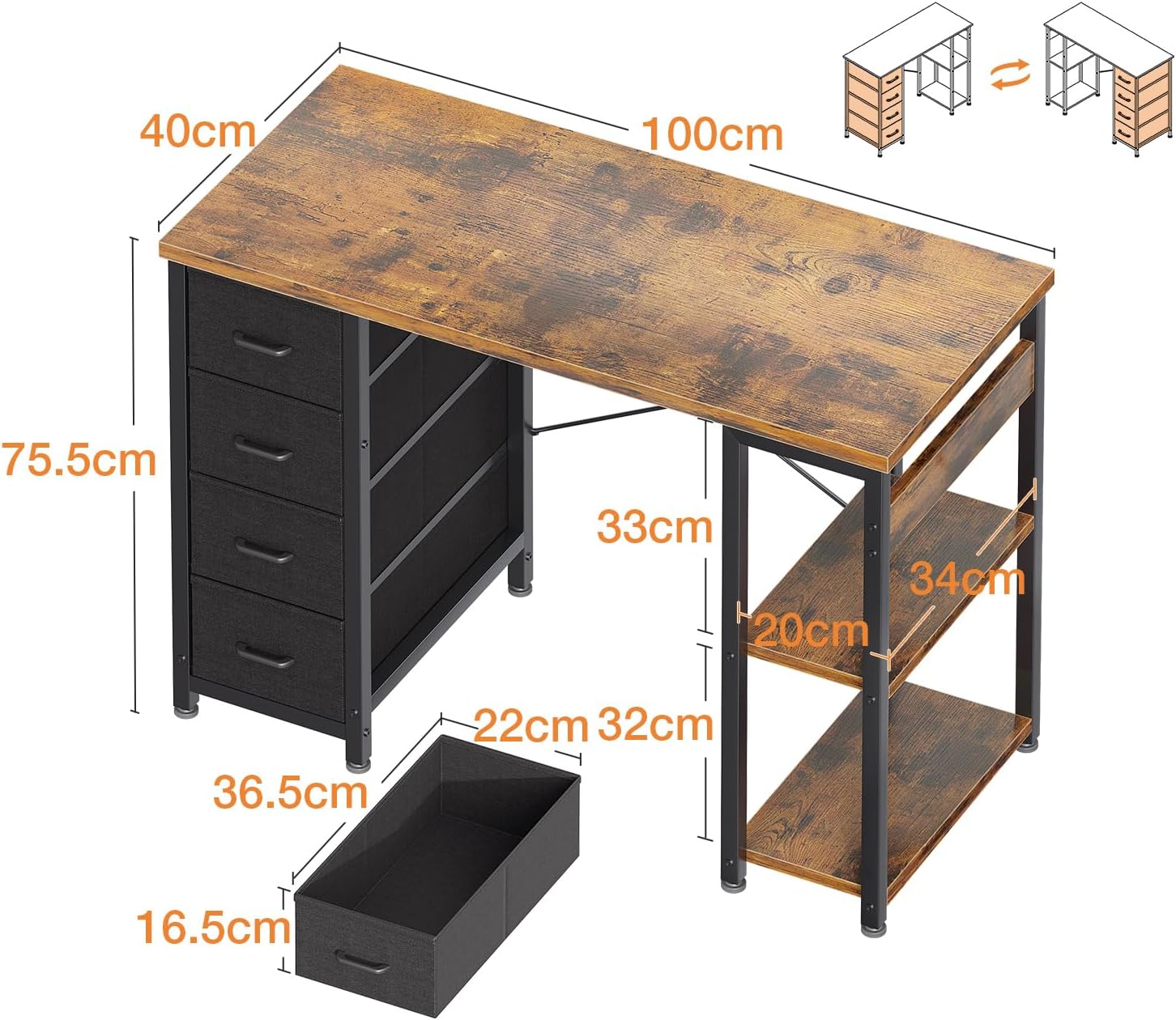 Detalle de Coleshome Piccola Scrivania con 4 cassetti in tessuto – 100x40 cm, ripiani reversibili, supporto per cuffie, marrone