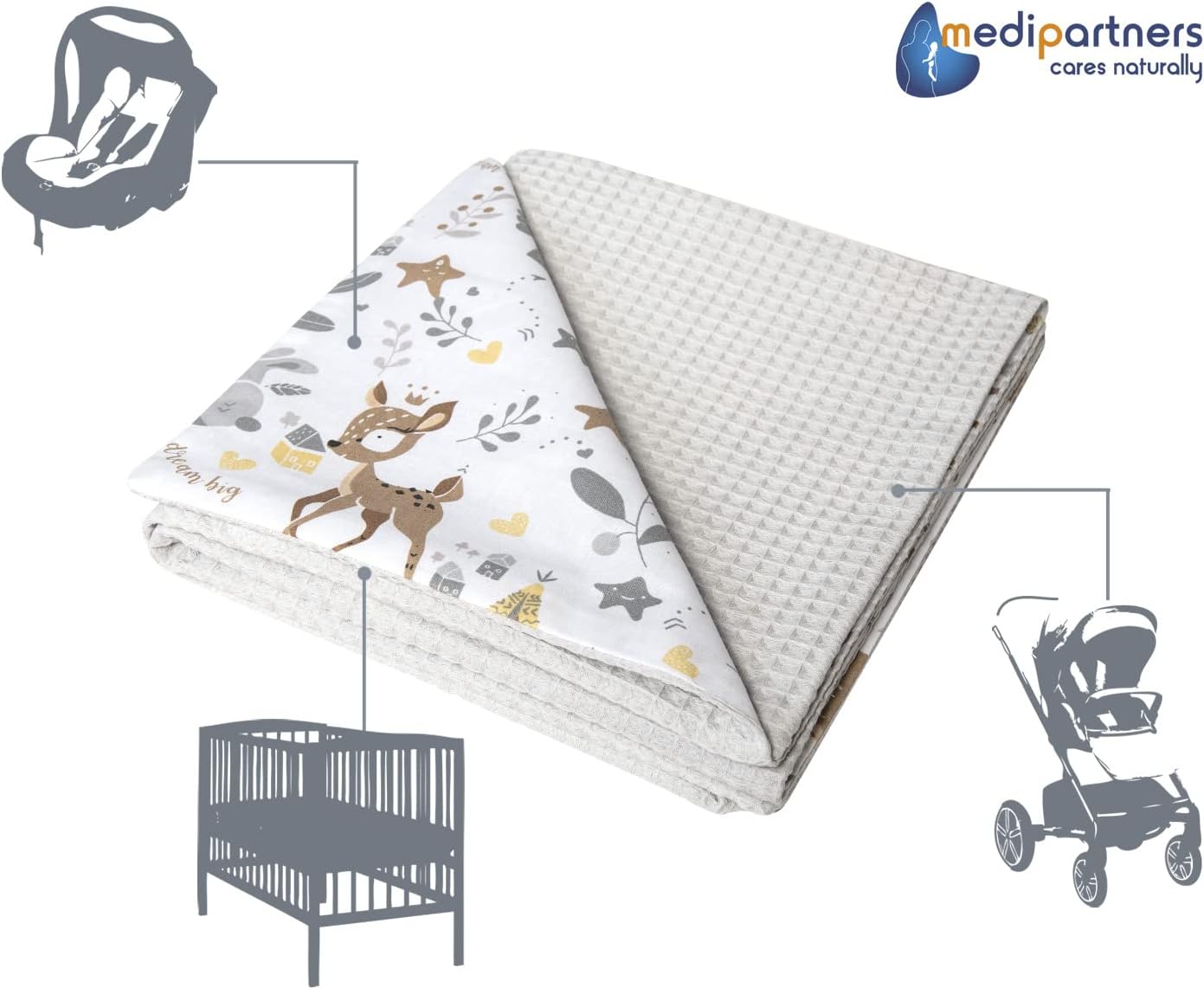 Thumbnail 4 de Medi Partners couverture bébé 75x100 cm en 100% coton bilatérale (cerf avec gaufre gris) pour naissance