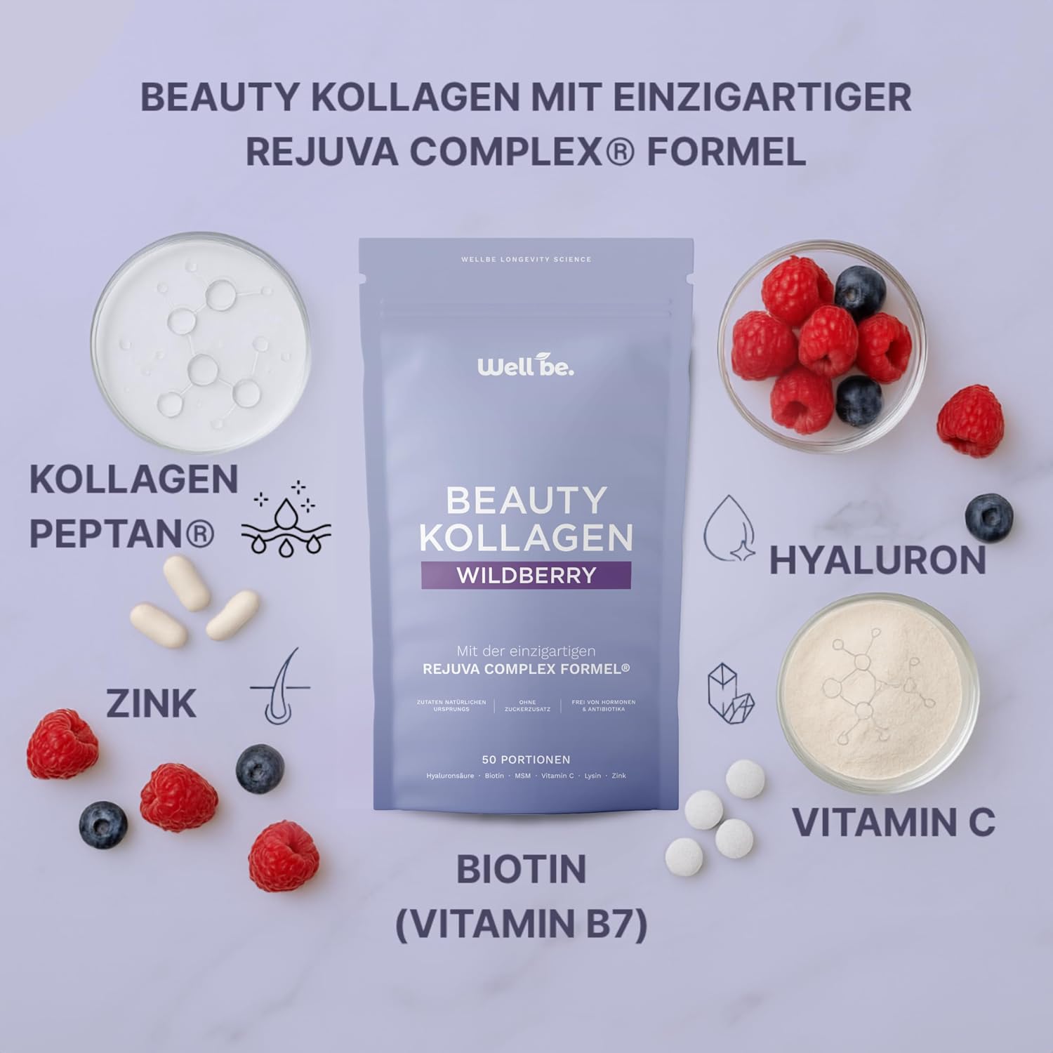 Thumbnail 2 de Wellbe Kollagen Pulver Wildberry – hochdosiert mit bioaktiven Kollagenpeptiden, Hyaluron und Vitaminen (Made in Germany)