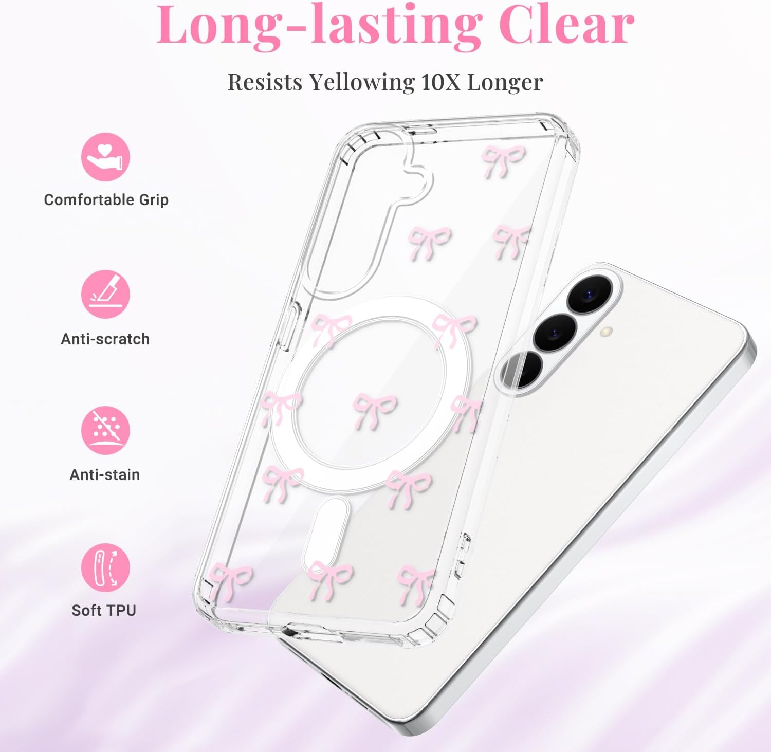 Thumbnail 1 de Magnetica Cover Rosa per Samsung Galaxy S26 — Custodia trasparente con fiocco rosa, protezione antiurto e supporto MagSafe