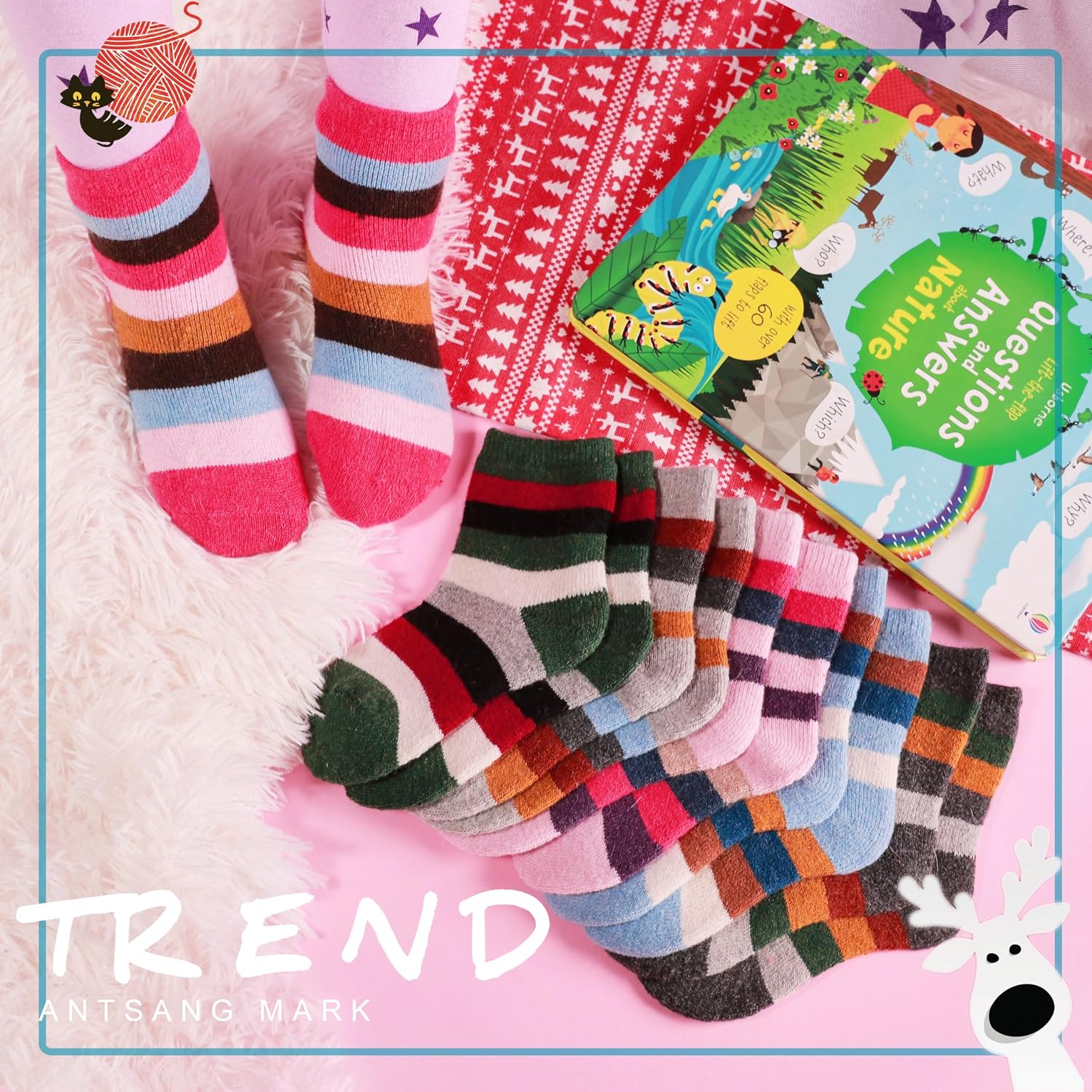 Thumbnail 6 de ANTSANG Kids Merino Wool Hiking Socks, 6 Pairs, Cushioned Crew Boot Socks