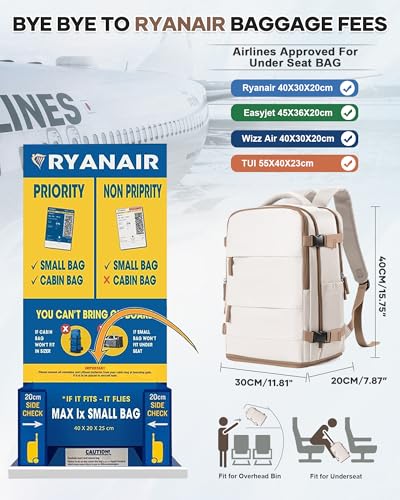 Thumbnail 1 de HPLQQ Mochila de cabina 40x30x20 cm para Ryanair (40x30x20, 24 L) impermeable beige con compartimento para zapatos