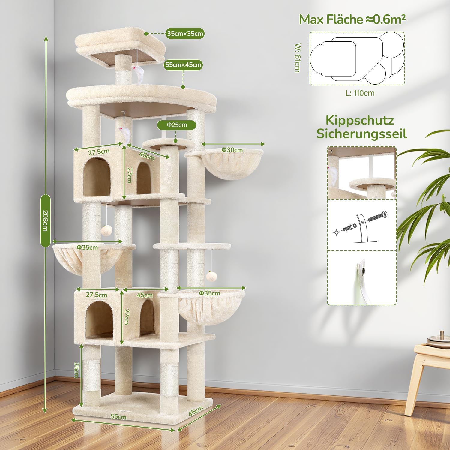 Thumbnail 5 de Globlazer Kratzbaum Beige Groß XXL (209 cm) mit 2 Katzenhäusern, 3 Körben und 8 Sisal-Kratzsäulen