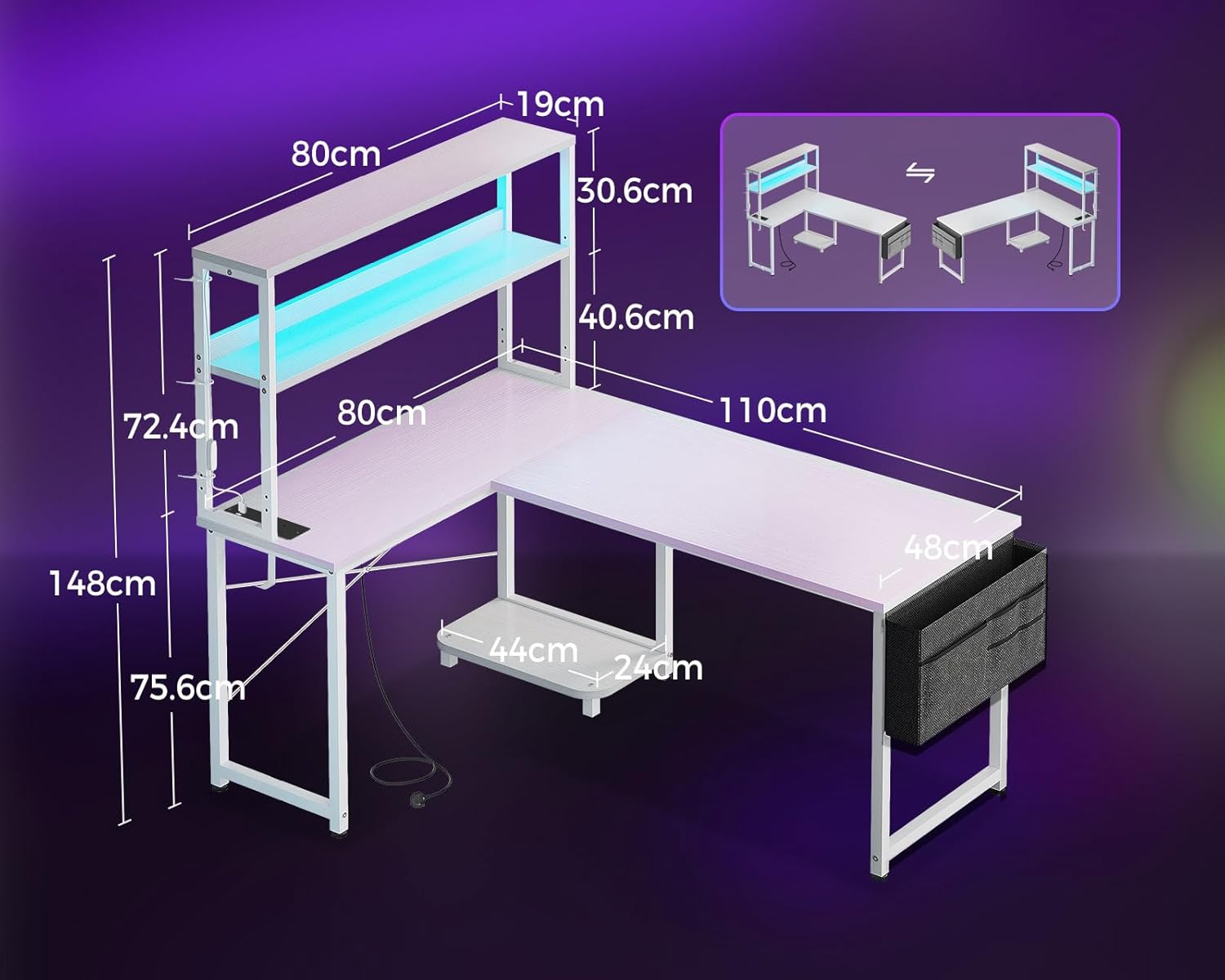 Thumbnail 2 de Coleshome L-shaped gaming desk with LED lights, power outlet & reversible corner layout (110 × 80 cm) – White