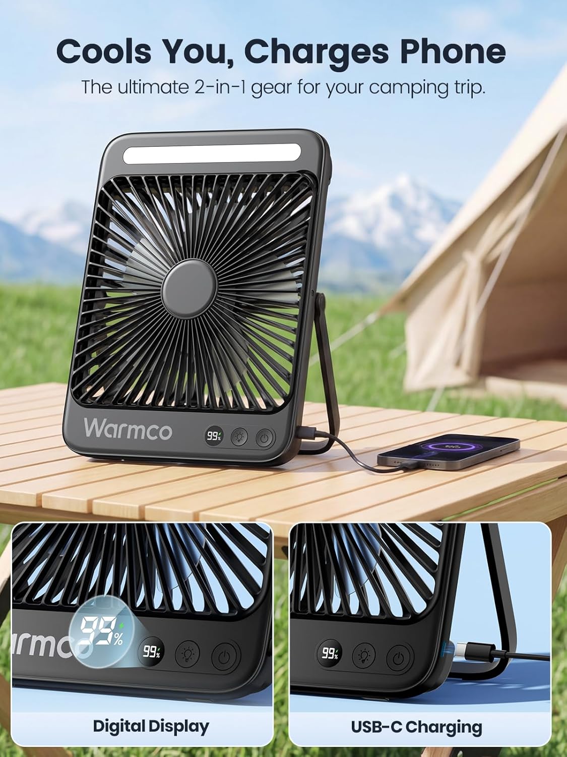 Thumbnail 5 de Warmco 20000mAh Battery Powered Fan — Ultra-Slim 8-Inch Portable Camping Fan with LED Lantern