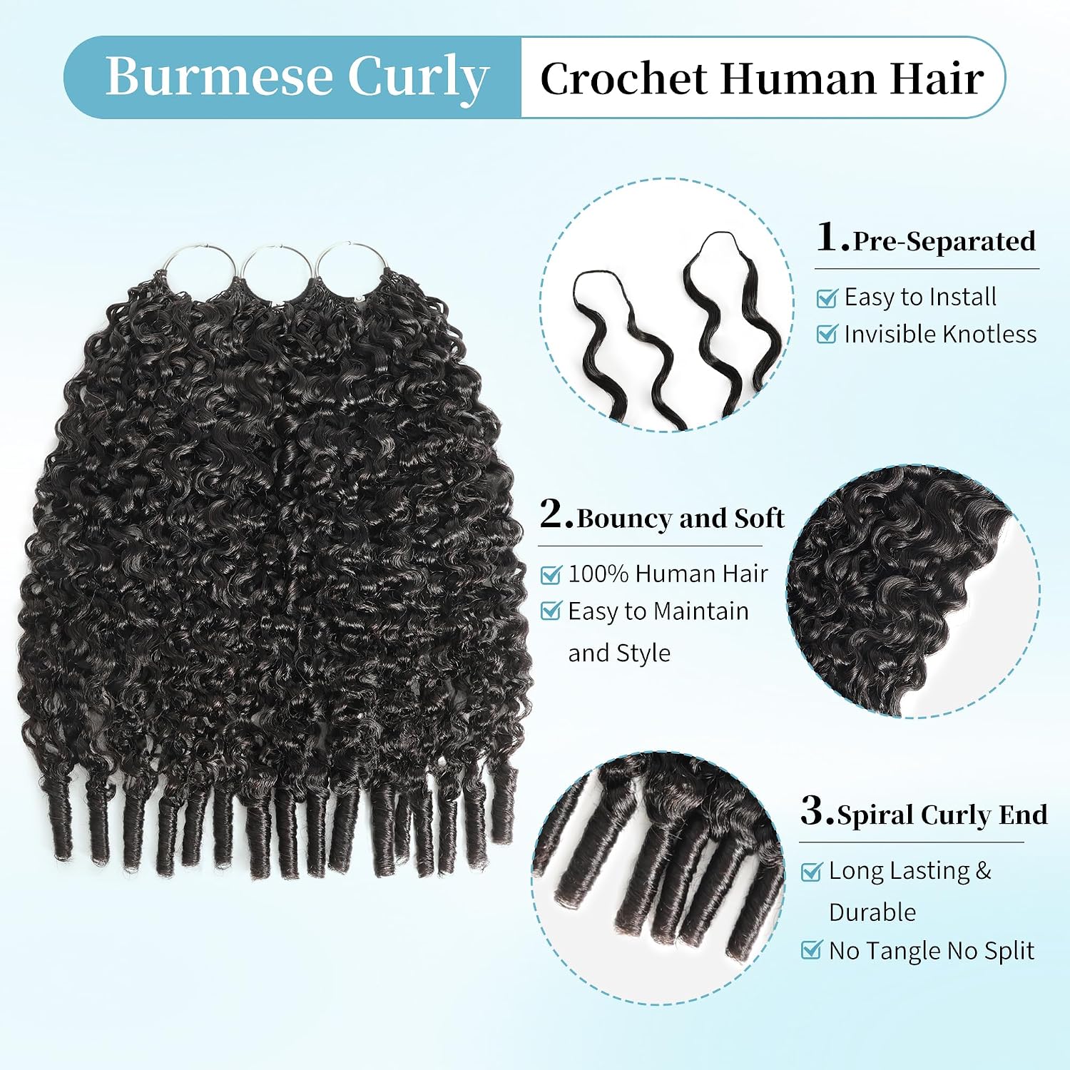 Detalle de KULYMUWIG 16-Inch Burmese Curly Human Crochet Hair with Pre-Separated Feather Bundles