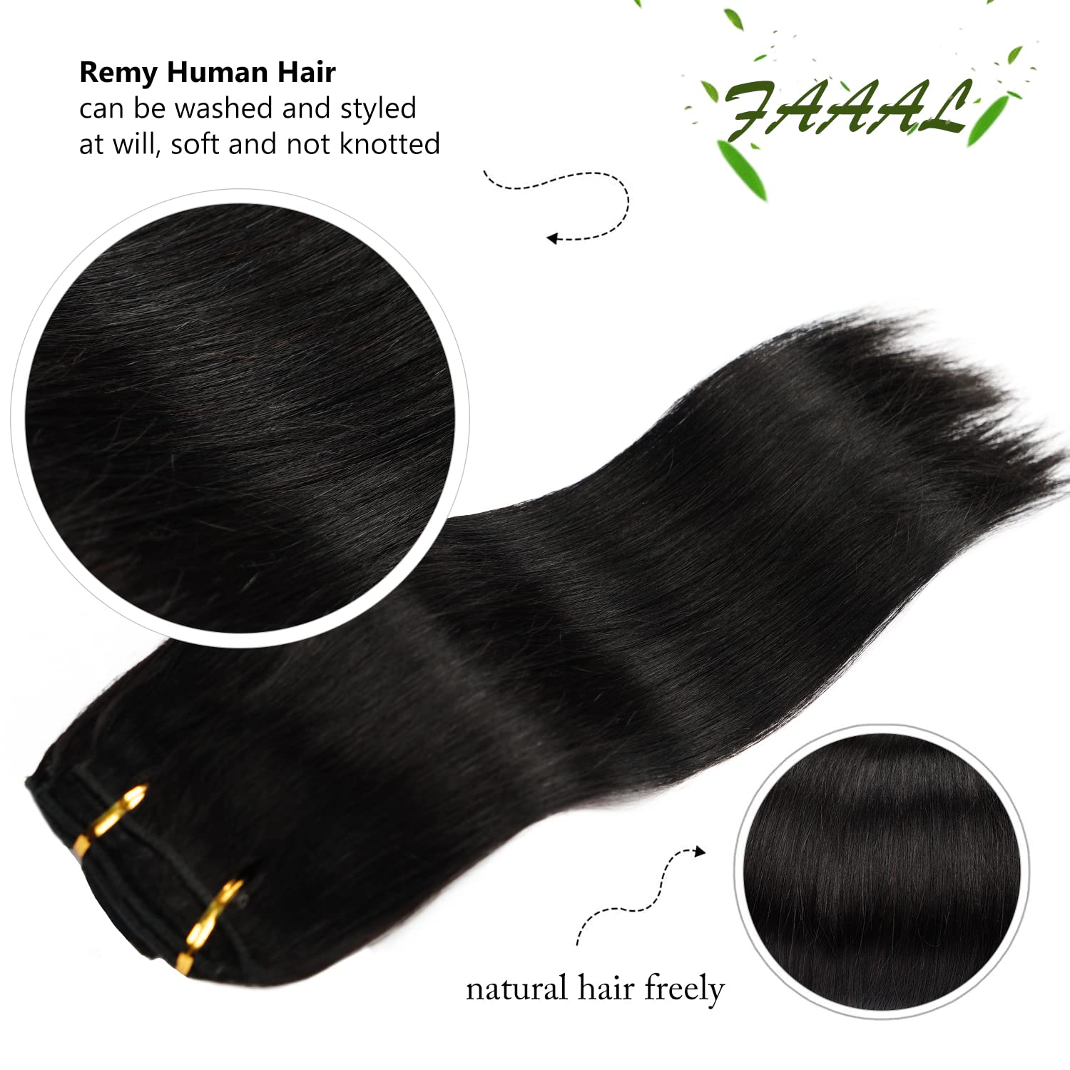 Detalle de 22" Clip-In Human Hair Extensions Full Head 200g (1B) — Double Weft, Natural Black