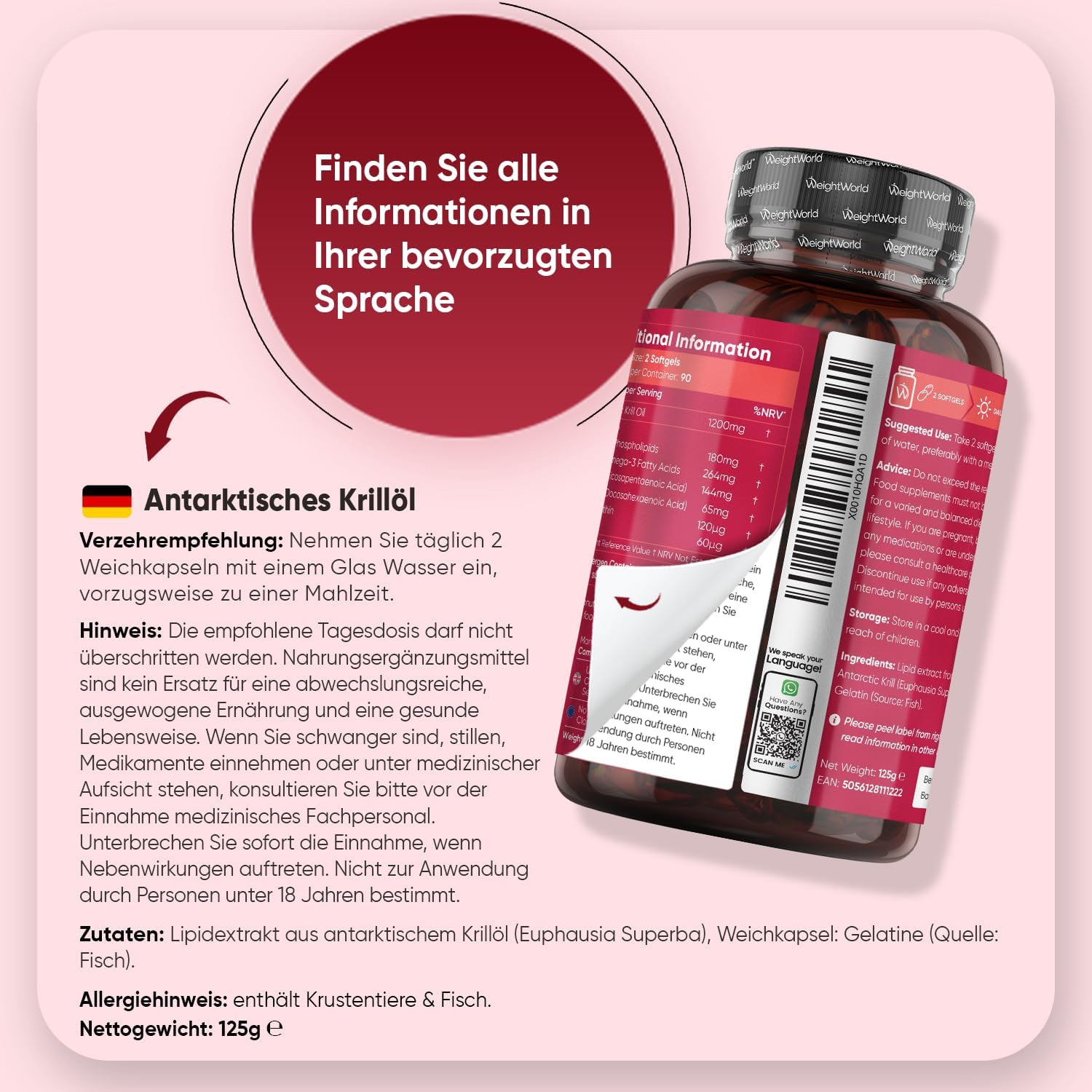 Thumbnail 3 de WeightWorld Antarktisches Krillöl – Weichkapseln mit Omega‑3, DHA/EPA & Astaxanthin (1200 mg pro Portion, 180 Softgels)