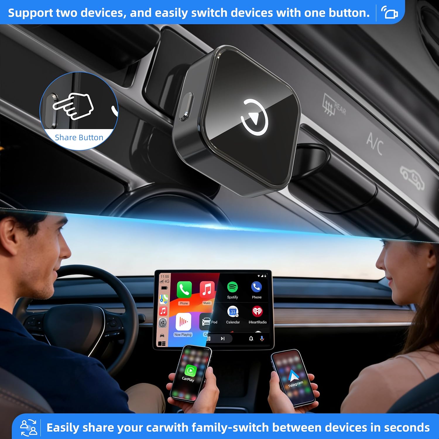 Detalle 2 de Jyveejxon Wireless CarPlay & Android Auto Adapter UK (2026 Upgraded) – 2 Phones, 2 in 1 Plug & Play