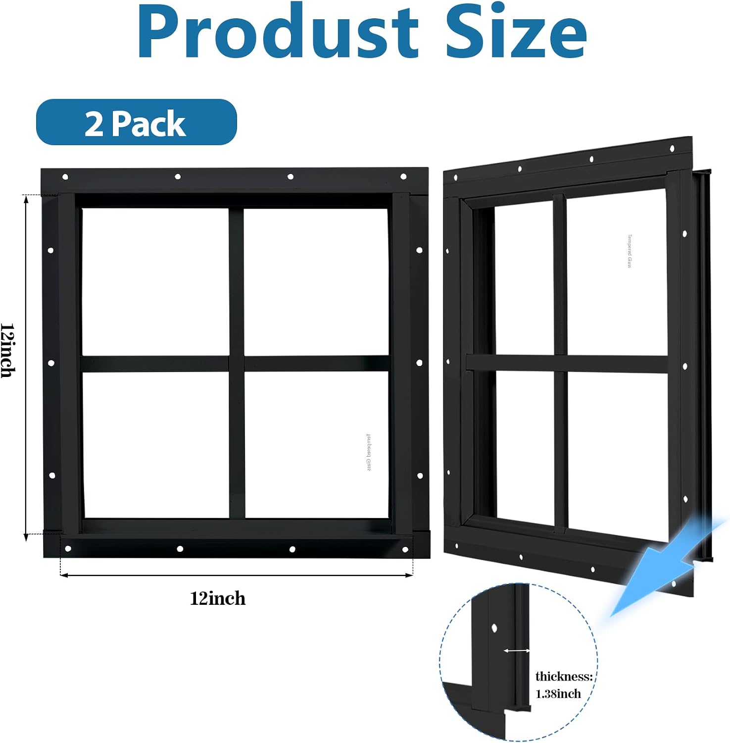 Thumbnail 1 de ktondic 2 Pack Shed Window 18"x27" Black Flush Mount — Durable Aluminum, Tempered Glass & Fiberglass Screen