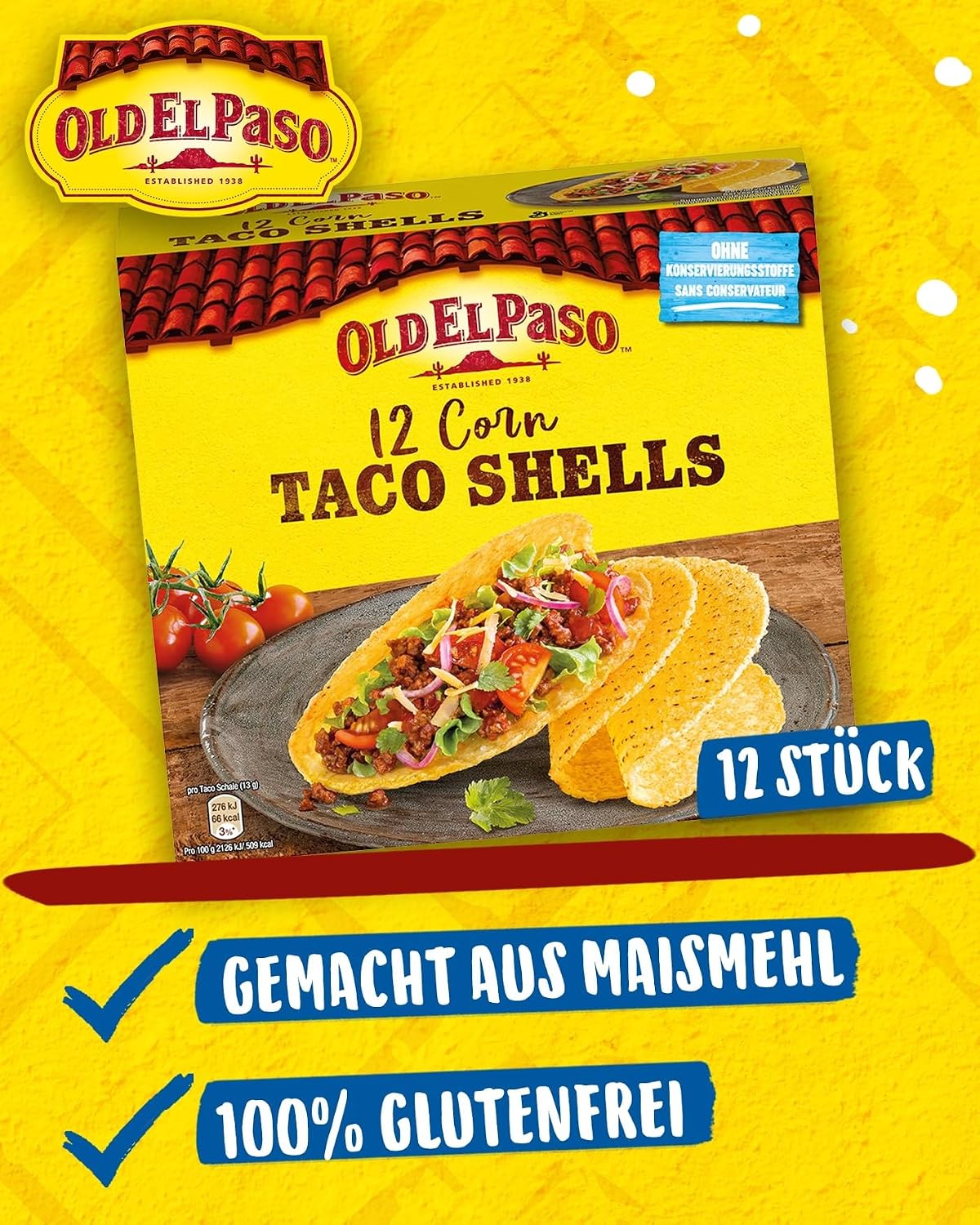 Detalle de Old El Paso Taco Shells glutenfrei – Mais-Tortillas in Schalenform, Packung mit 4