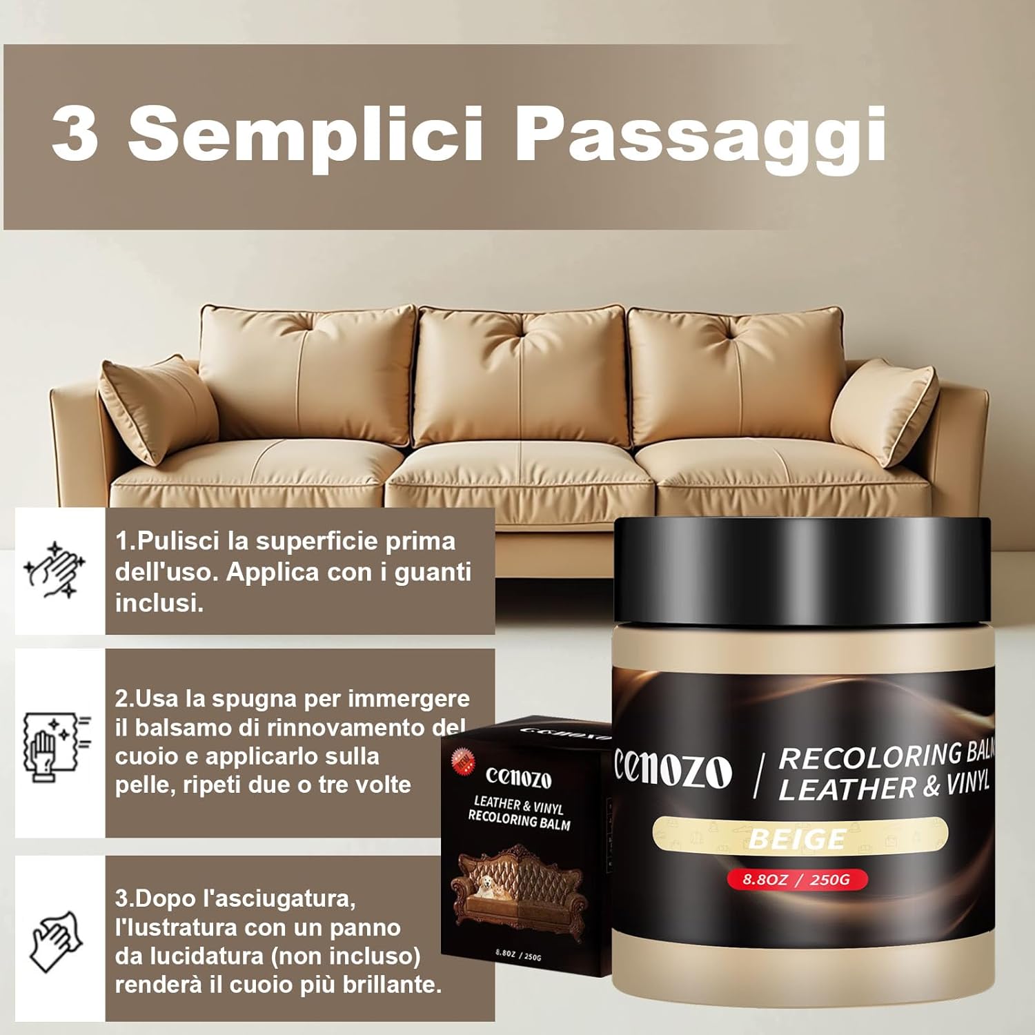 Thumbnail 3 de Kit riparazione pelle Cenozo 250 g beige: smacchiatore, stucco e tintura per sedili auto, divani e accessori