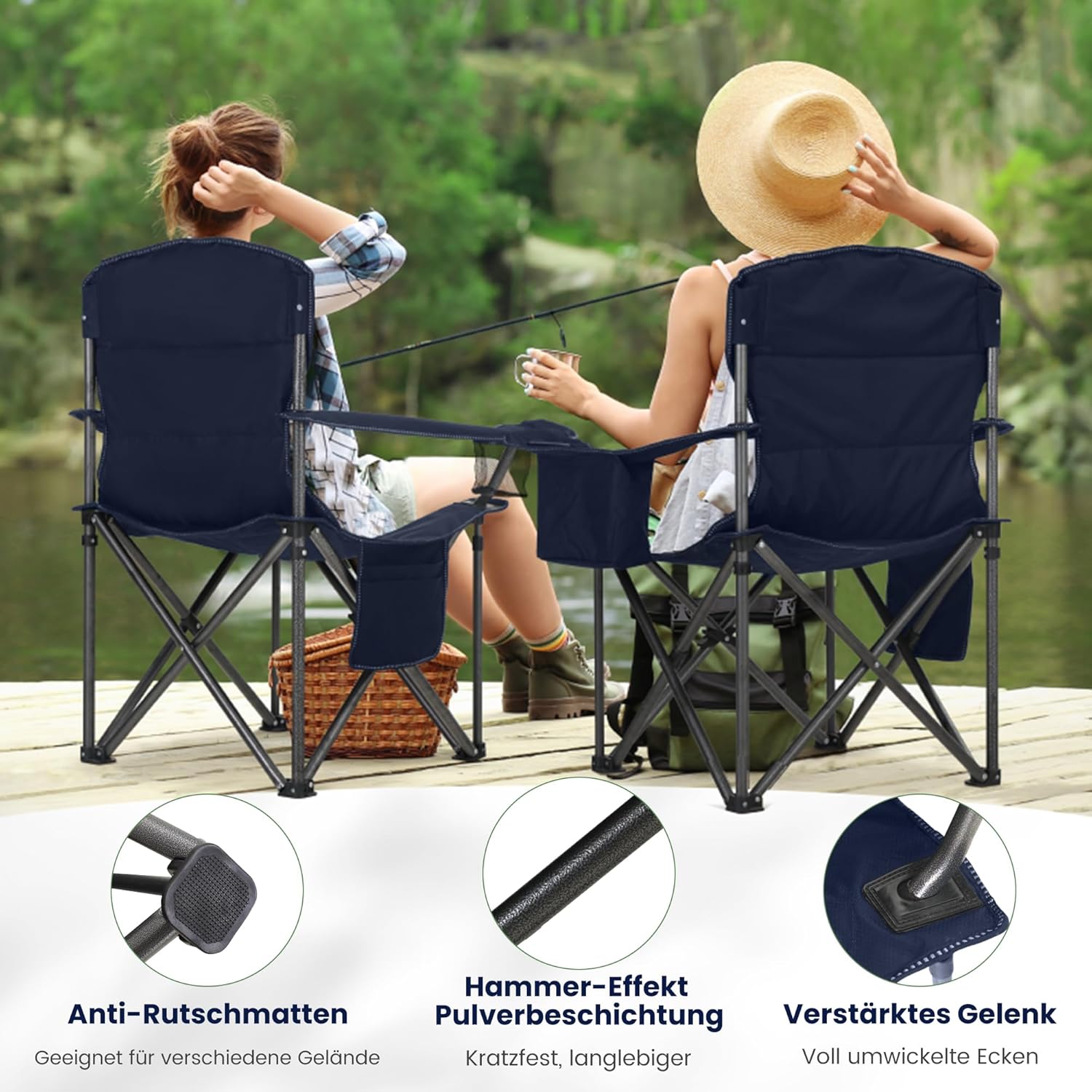 Detalle 2 de HIGH POINT SPORTS Campingstuhl Faltbar 2er Set XXL – gepolstert, 200 kg Traglast, Blau