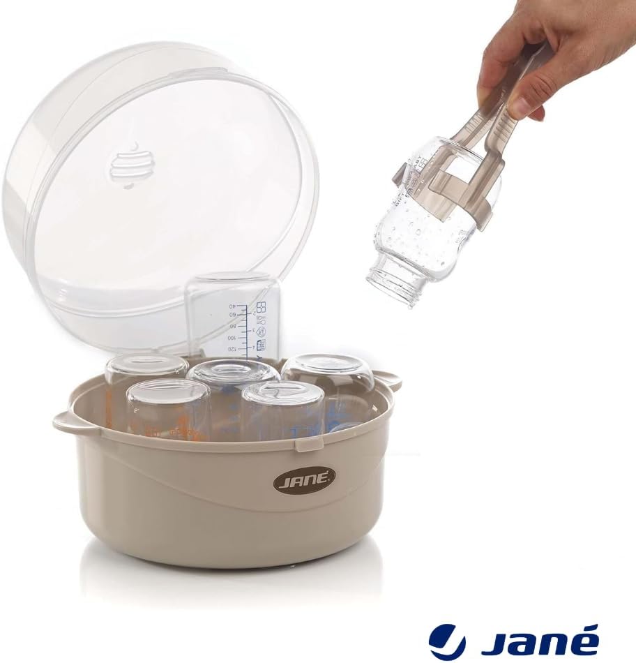 Detalle 2 de Stérilisateur micro-ondes Jané pour 6 biberons, avec panier tétines et pince, sans BPA (gris)
