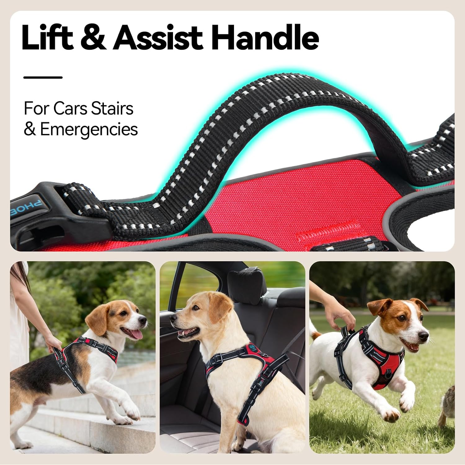 Detalle de PHOEPET No Pull Dog Harness with Reflective Strips and Front/Back D-Rings (Red, XL)