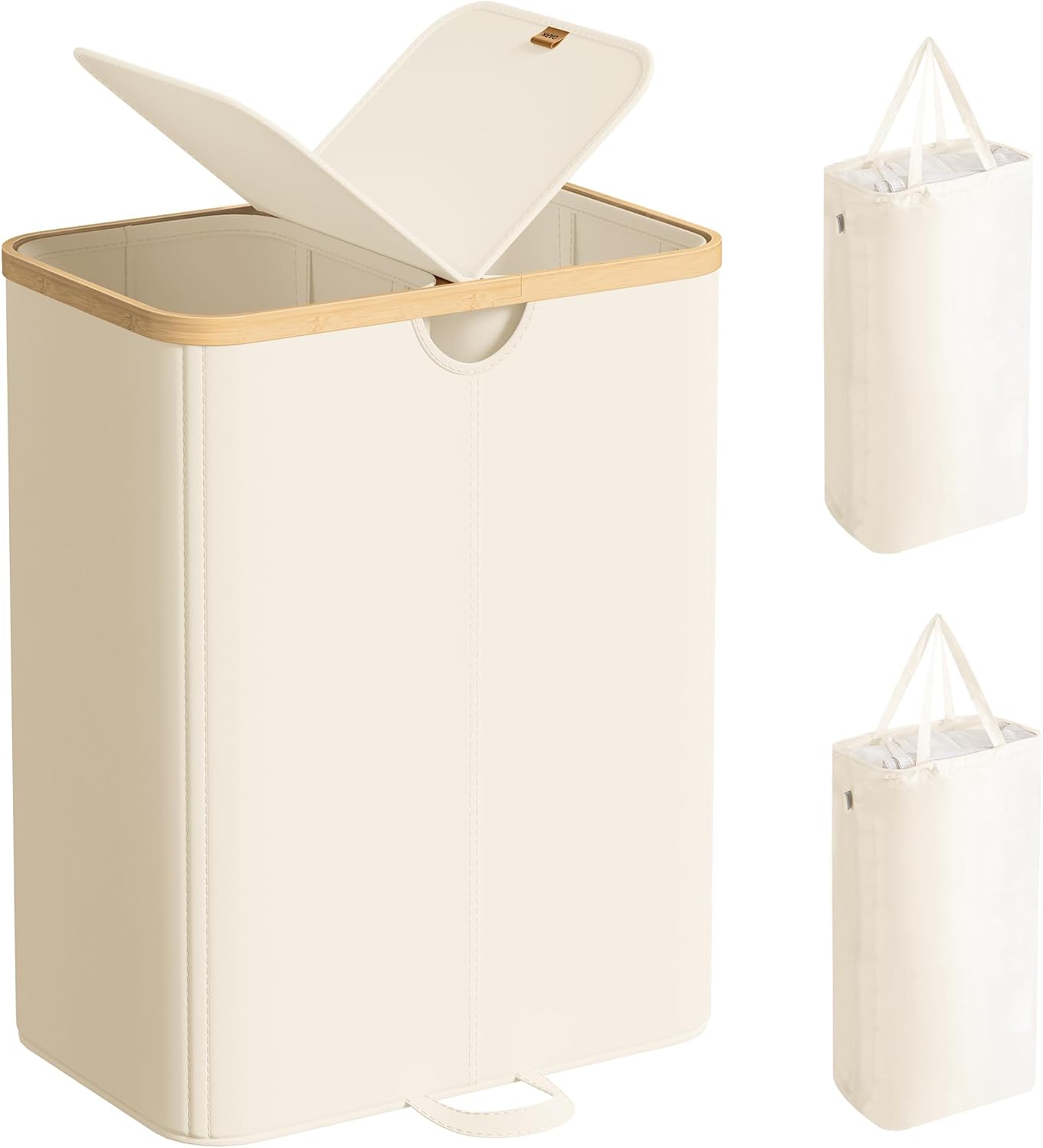 Detalle de SONGMICS Wäschekorb mit 2 Fächern und Deckel (150 Liter) LCB523W01 – Wäschesortierer für zwei Säcke